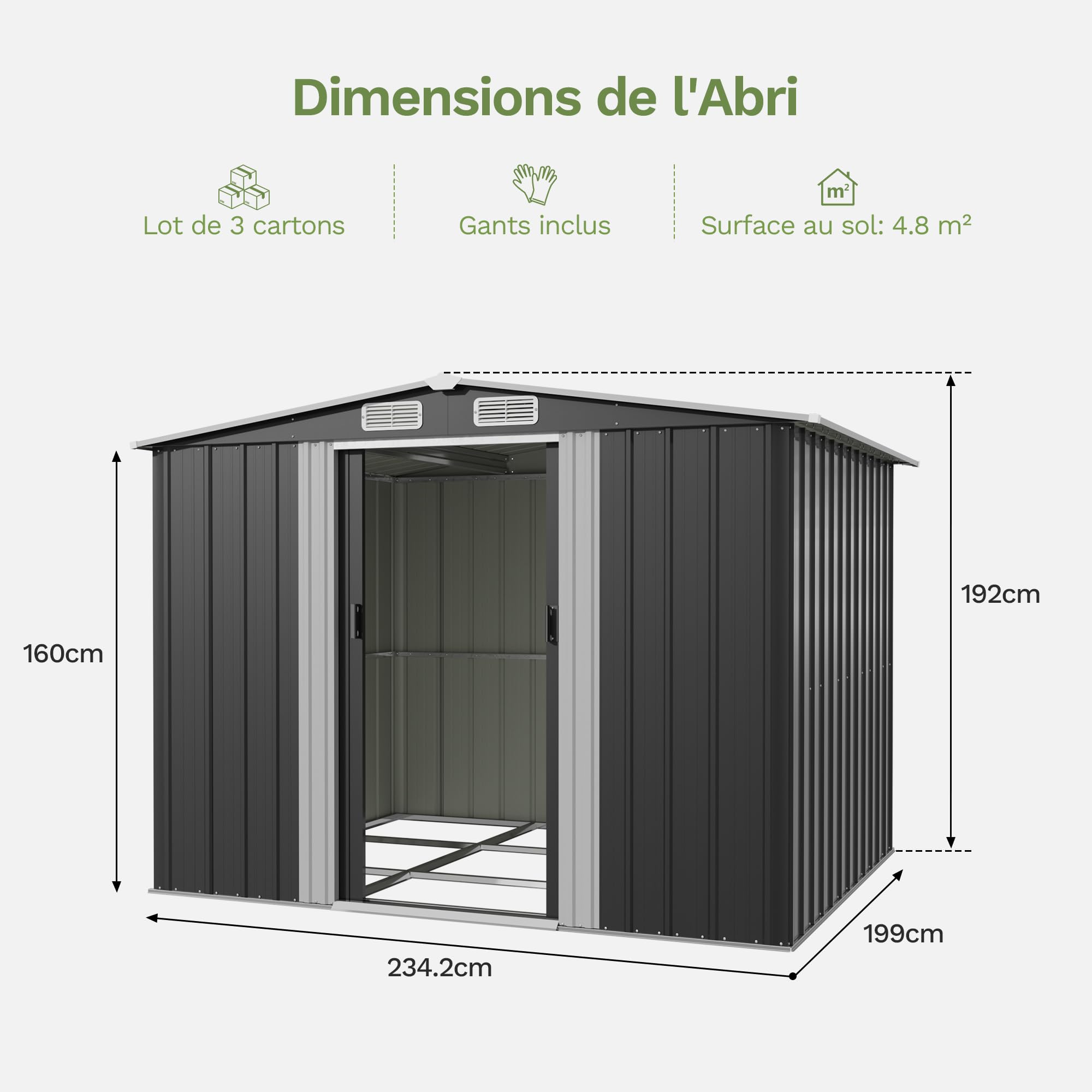 Devoko Abri de Jardin 199x234x192cm, Grand Rangement Extérieur pour Outils, Vélos et Poubelles, Toit Penté et Ventilation Inclus, Résistant aux Intempéries, pour Jardin, Terrasse et Pelouse, Noir