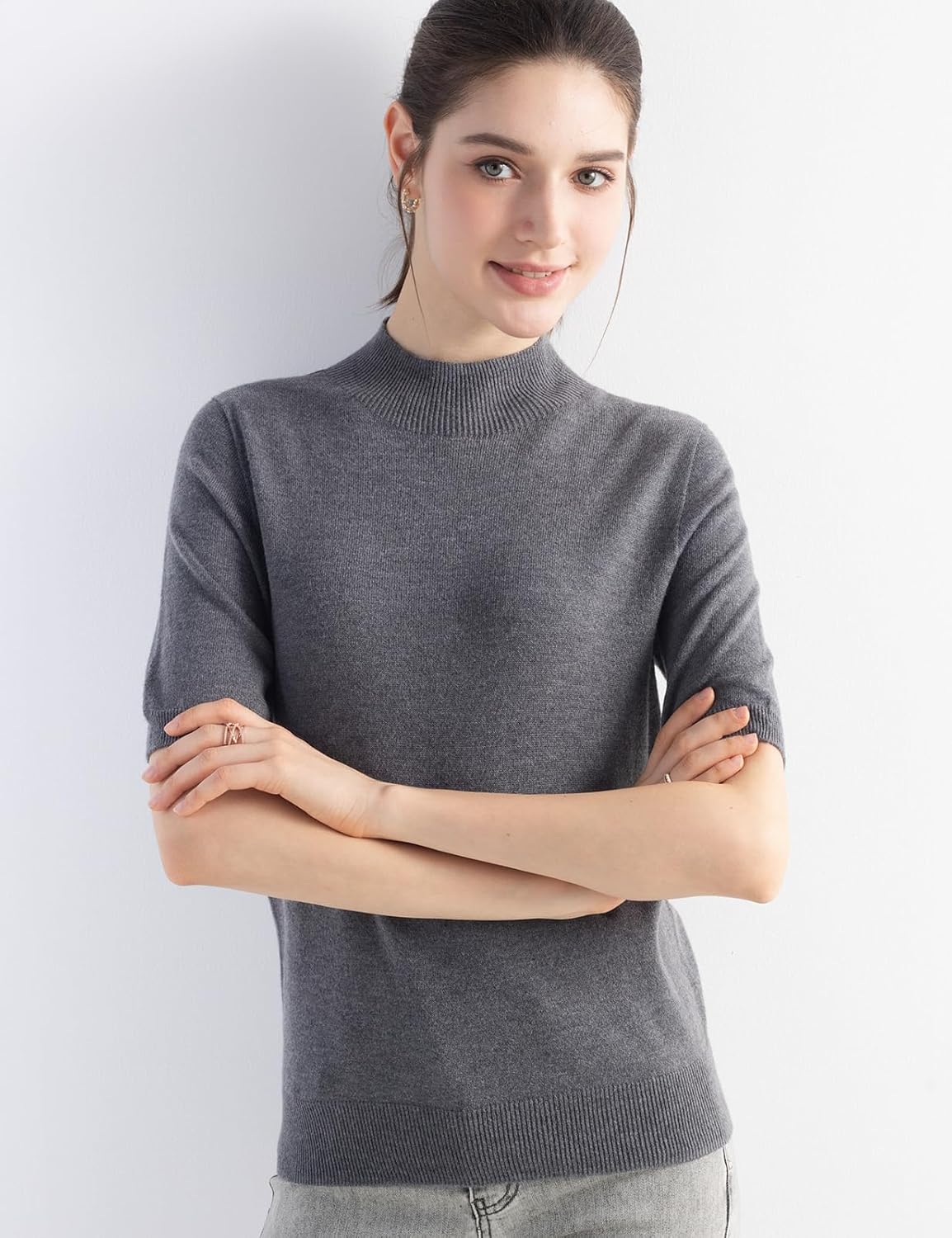 Women's Merino Wool Blend Sweater 2025 Fall Winter Mock Neck Short Sleeve First-Line Ready to Wear Seamless Sweater - Image 2