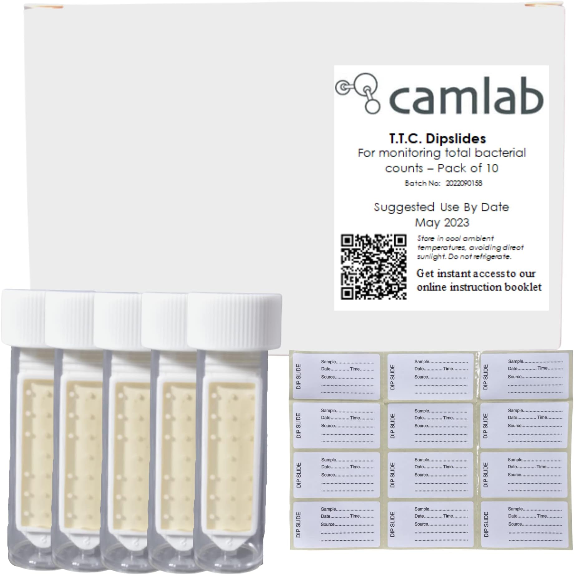 – Camlab TTC/TTC Total Viable Count Dipslide Dip Tests With Sample Labels And QR Instructions Booklet Pack of 10