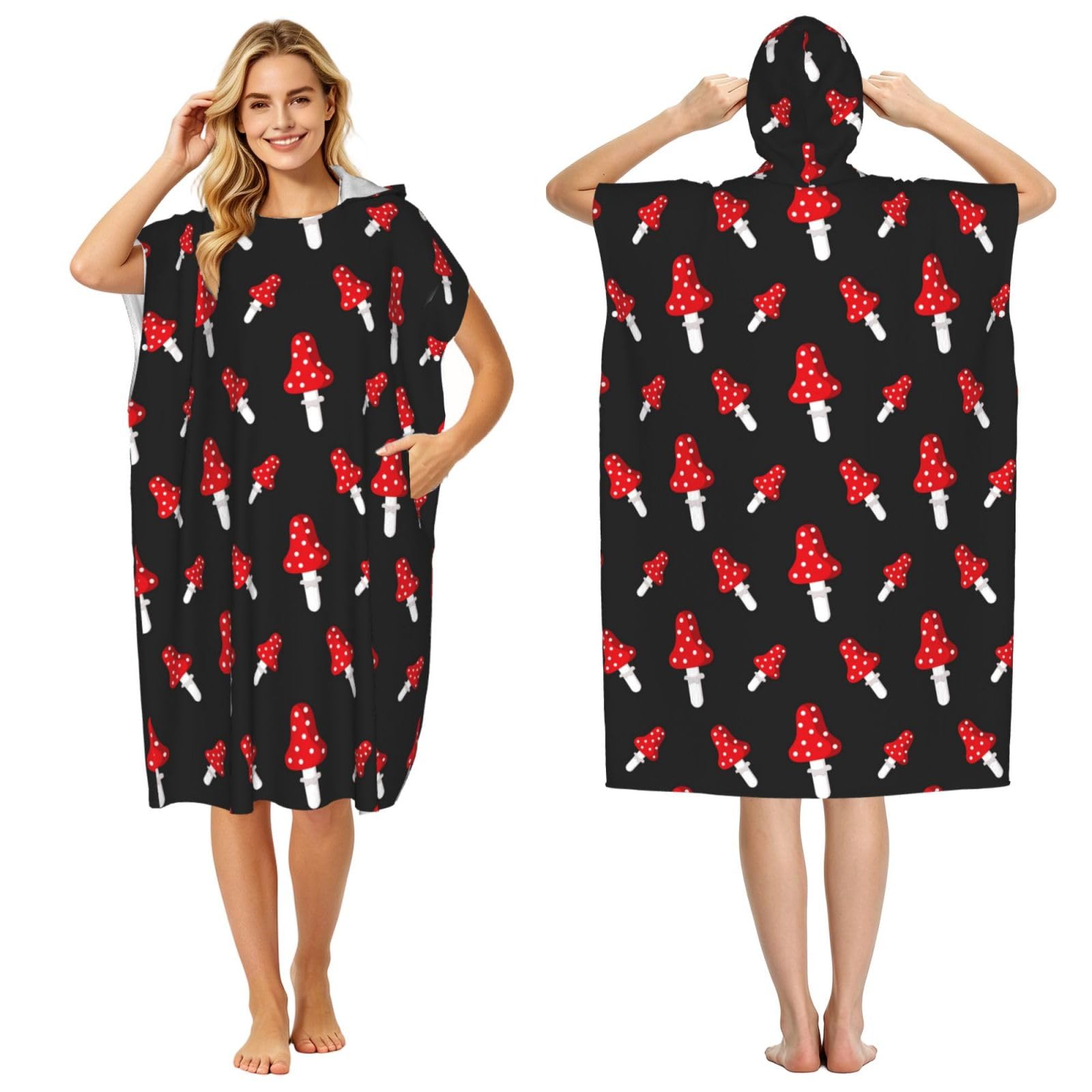 Poadnly Amanita Mushroom Pattern, Adult Hooded Beach Towel 90 x 110 cm,Changing Bath Robe, Surf Poncho Towel For Women Men