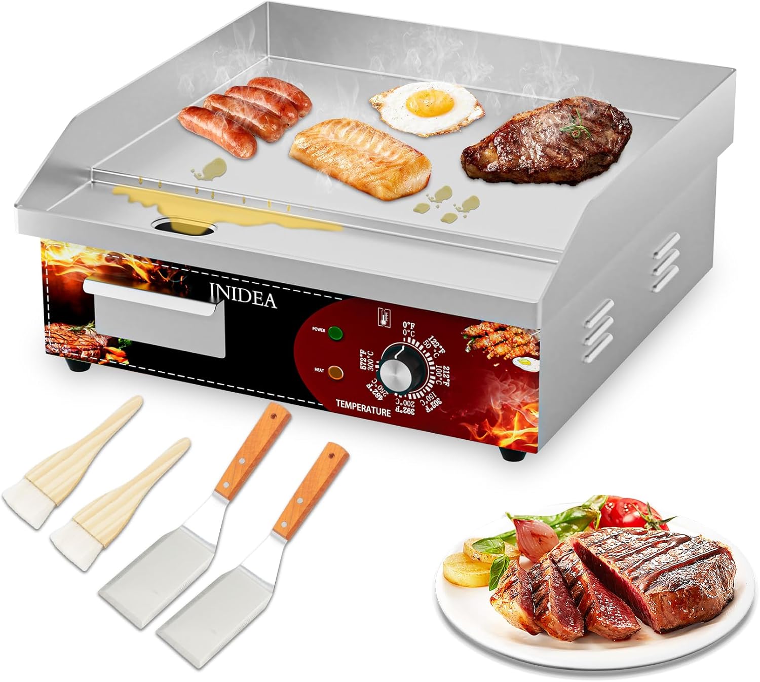18Inch Flat Top Grill Commercial Electric Griddles, Countertop Hot Plate skillet with 122℉-575℉ Adjustable Temperature Control, 2 Shovels and 2 Brushes for Home or Restaurant, 110V/1600W