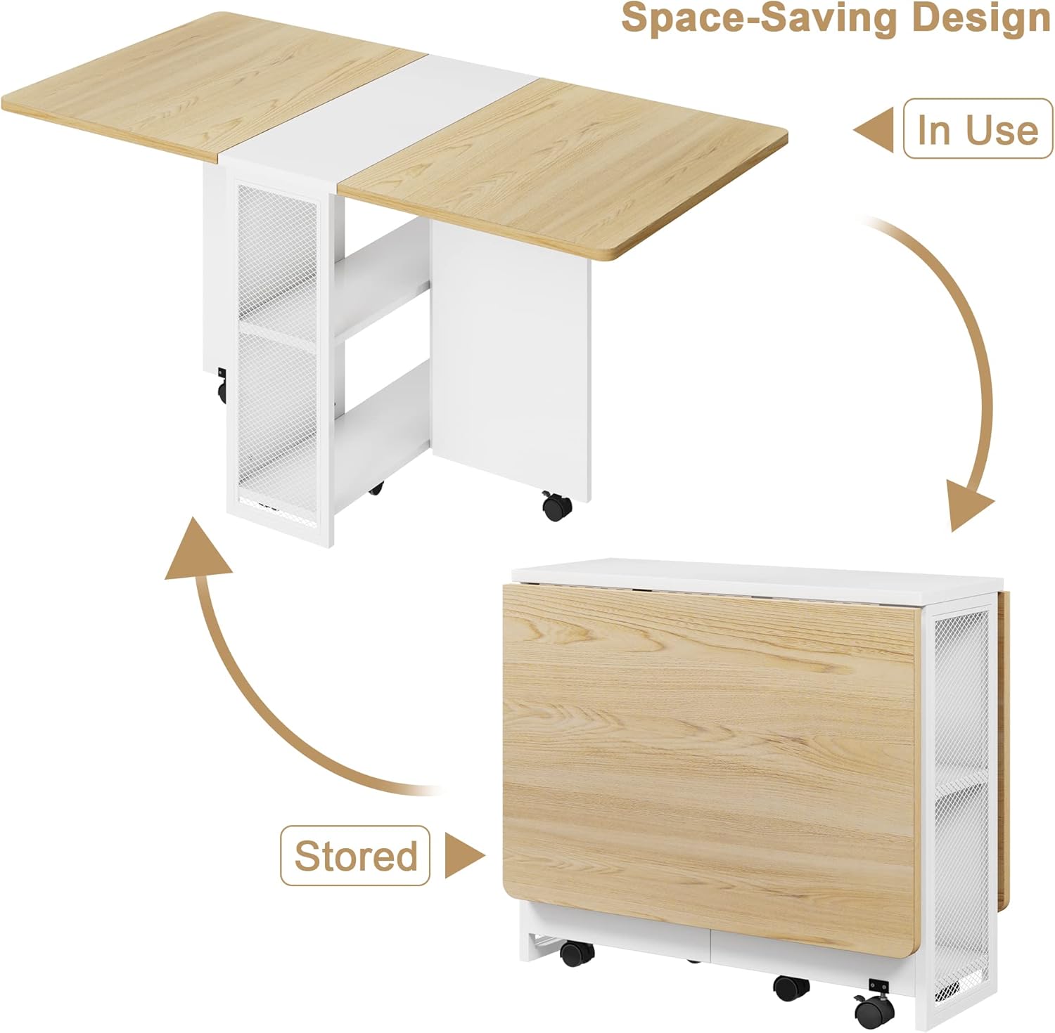 Folding Dining Table with 2 Tier Storage, Extendable Kitchen Table, Drop Leaf Table, Rectangle Dining Room Tables Set for 4, Space Saving Collapsible Expandable Dinner Kitchen Office Furniture