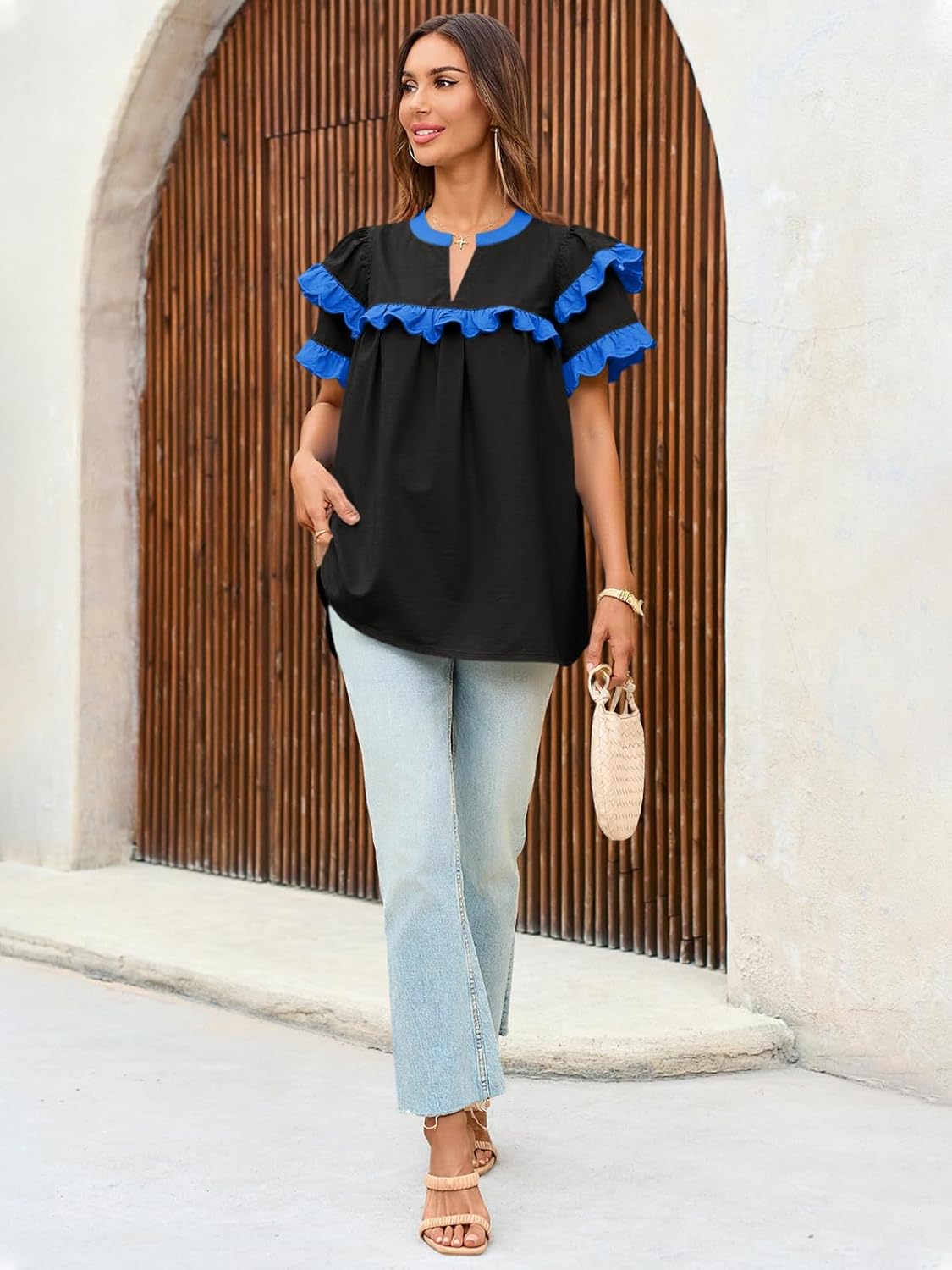 Tankaneo Womens Ruffle Sleeve Babydoll Tops Color Block Summer V Neck Pleated Blouse Dressy Casual Loose Fit Shirts - Image 6