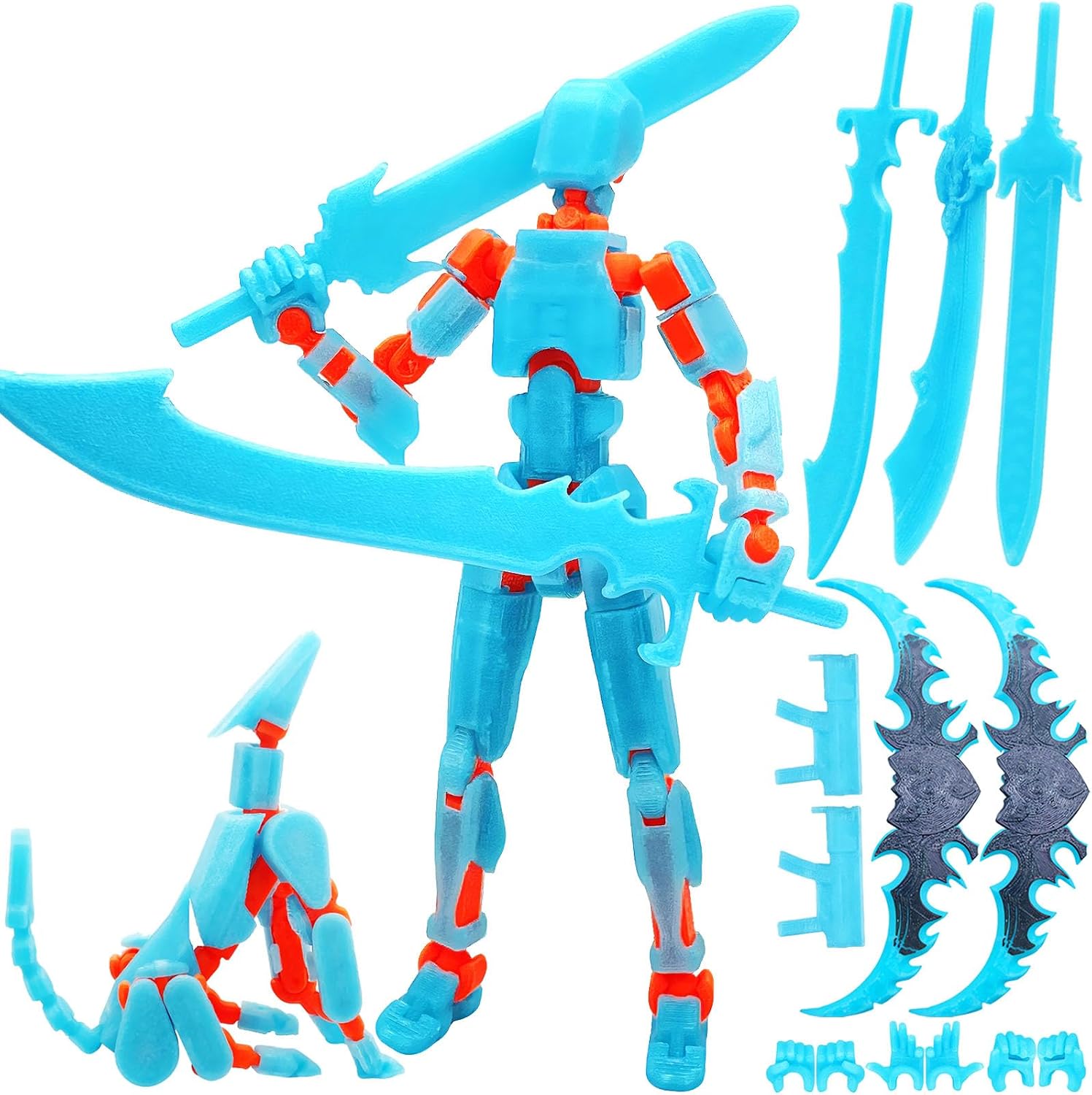 T13 3D Printed Action Figure, 7.8 Inches Glowing Titan 13 3D Action Figure with Dog Set, Multi-Jointed Movable Grow in The Dark Collectible Toy, Blue Orange, Assembly Completed