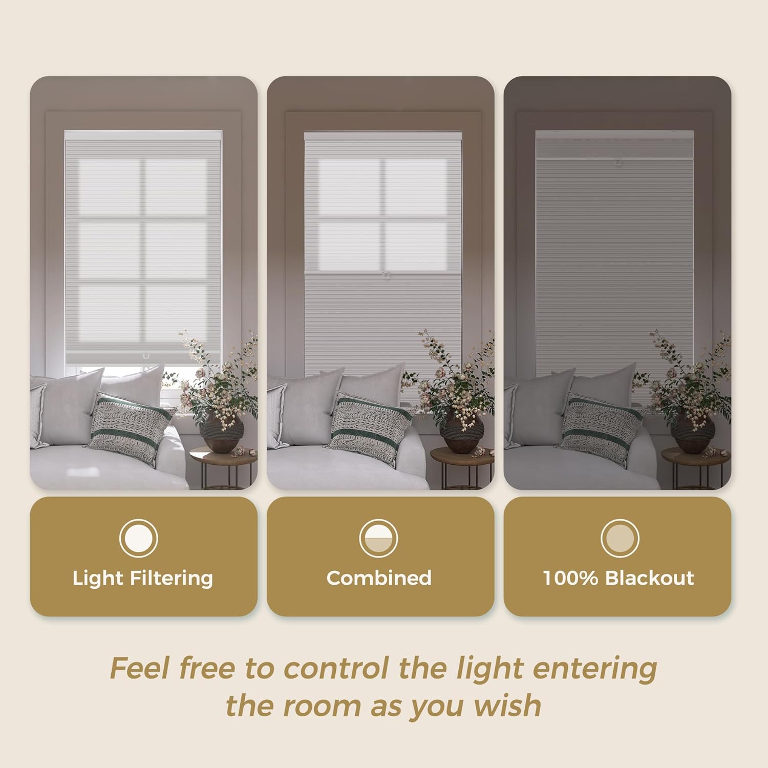 Day Night Cellular Shades, Cordless Dual Honeycomb Blinds with Nonwoven, Honeycomb Structure Design, 2 in 1 Blackout and Light Filtering Blinds for Home Office, White, Custom Size