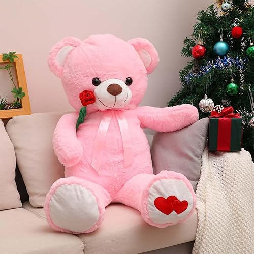 Miniatura 6 de Oso de peluche gigante de 39 pulgadas con lazo de cinta, rosa, suave, para niños, novia, cumpleaños (elegante)