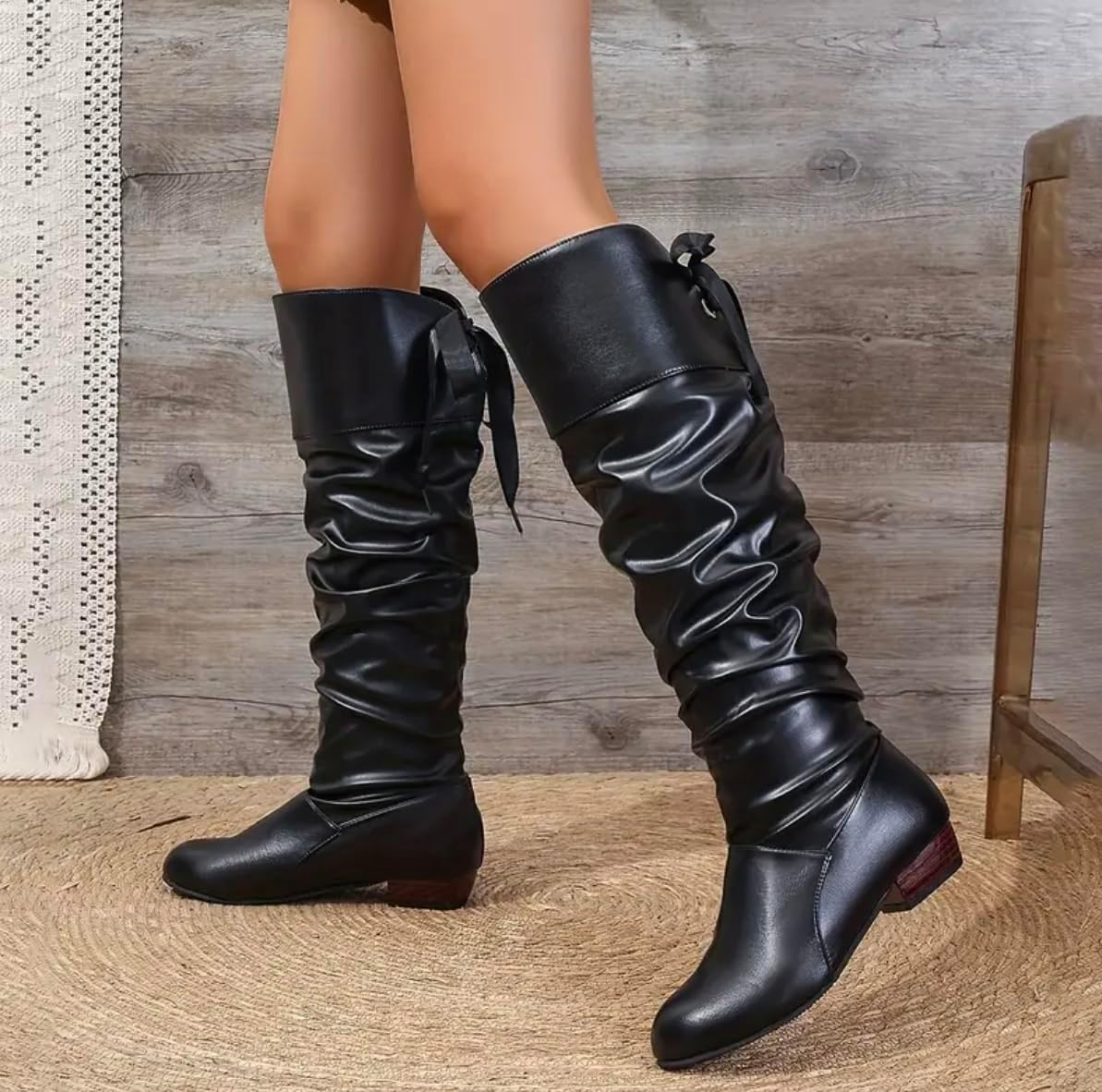 Knee High Boots Women with Bow Over the Knee FlatS Boots with Bow Tie, Fashion PU Leather Square Toe, Lace Up Chunky Low Heels for Winter Fall