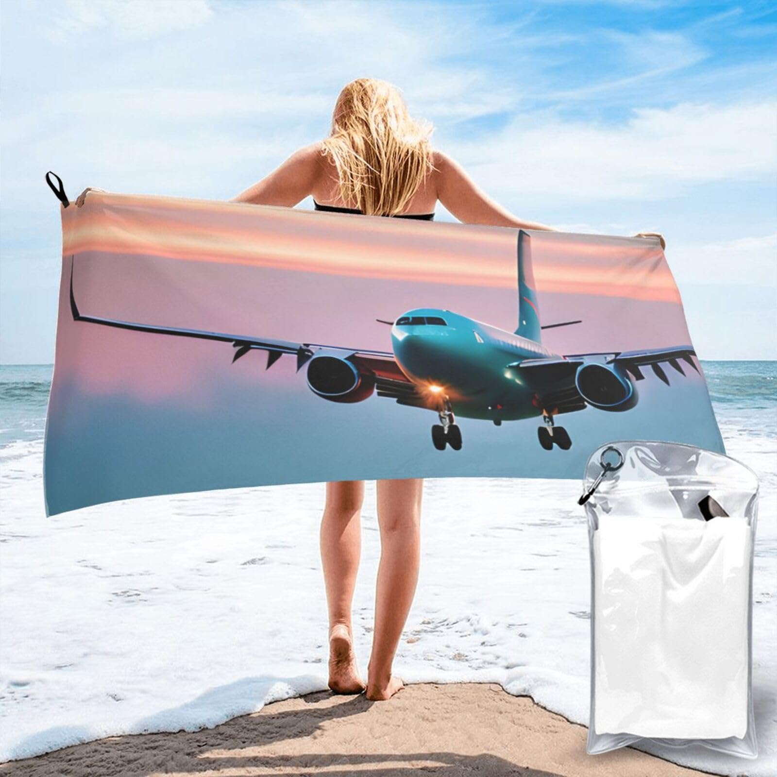 JBJGKHLP Airplane In The Evening Lights Print Quick Dry Portable Towel For Beach Camping Hiking Yoga Fitness Outdoor Adventures