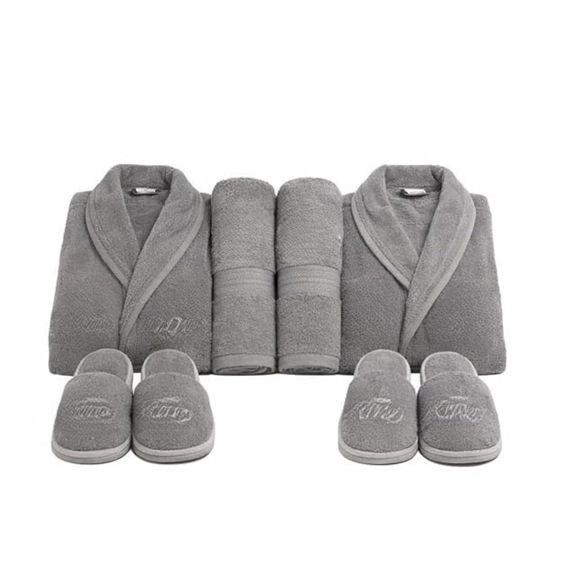 R.S Décor 8-Piece Terry Cotton Bathrobe Set with King and Queen Embroidery, Luxury Robes, Towels, Hand Towels and Slippers, Soft and Absorbent Premium Spa Set, Grey-image-46