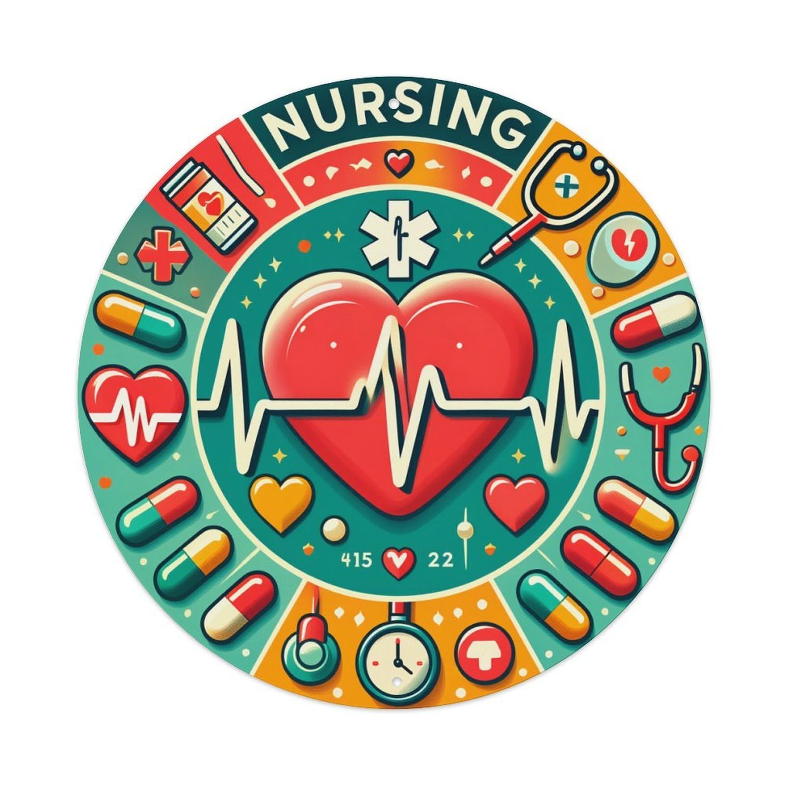 Nursing Heart Stethoscope Pills Clock Round Tin Sign Vintage Metal Poster, Home Bar Garage Man Cave Cafe Indoor & Outdoor Wall Decoration 8x8Inches