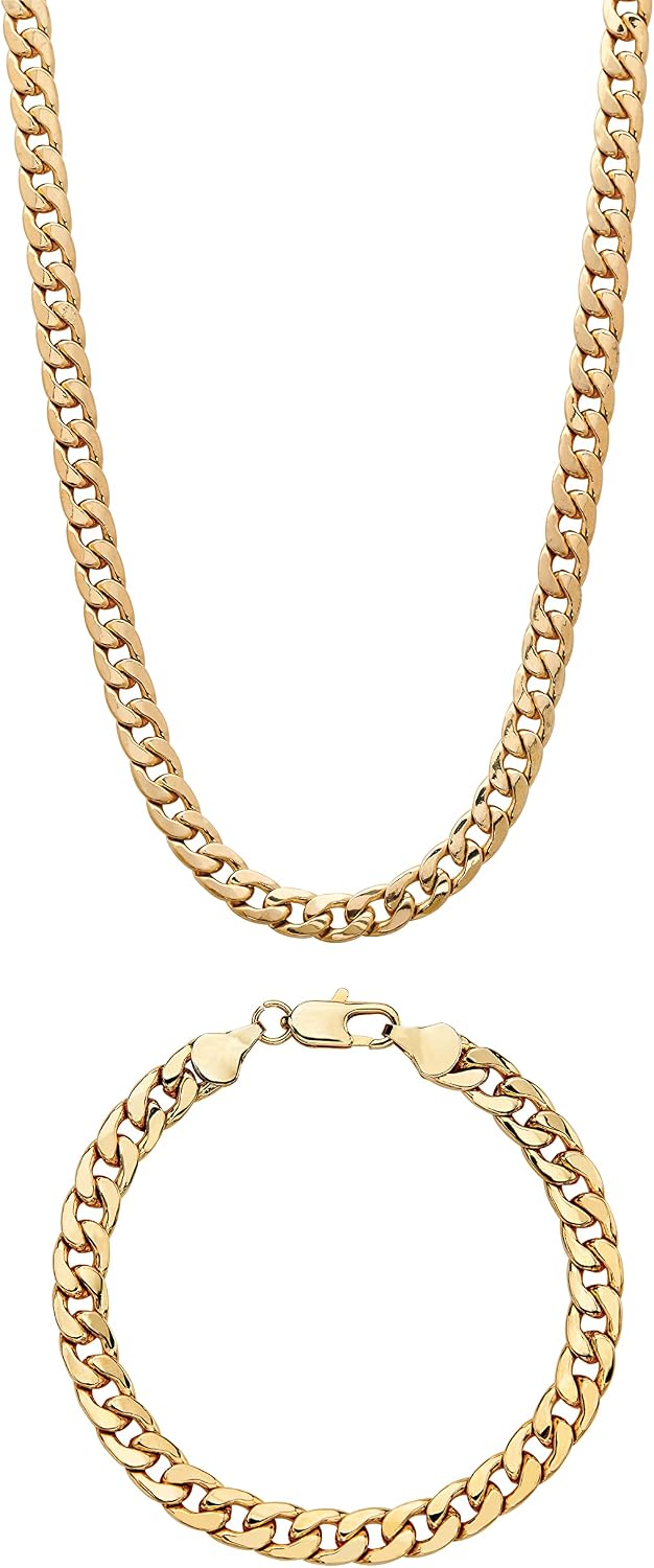 PalmBeach Men's Yellow Gold Ion-Plated Curb Link Chain Necklace and Bracelet Set, 20 inches