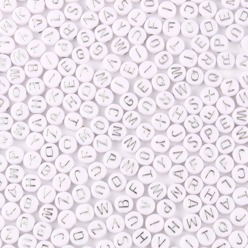 Acrylic Letter Beads Alphabet Silver Letters White Round Bead, 4×7mm 1200pcs, for Friendship Bracelets and Gifts Souvenir Jewelry Making