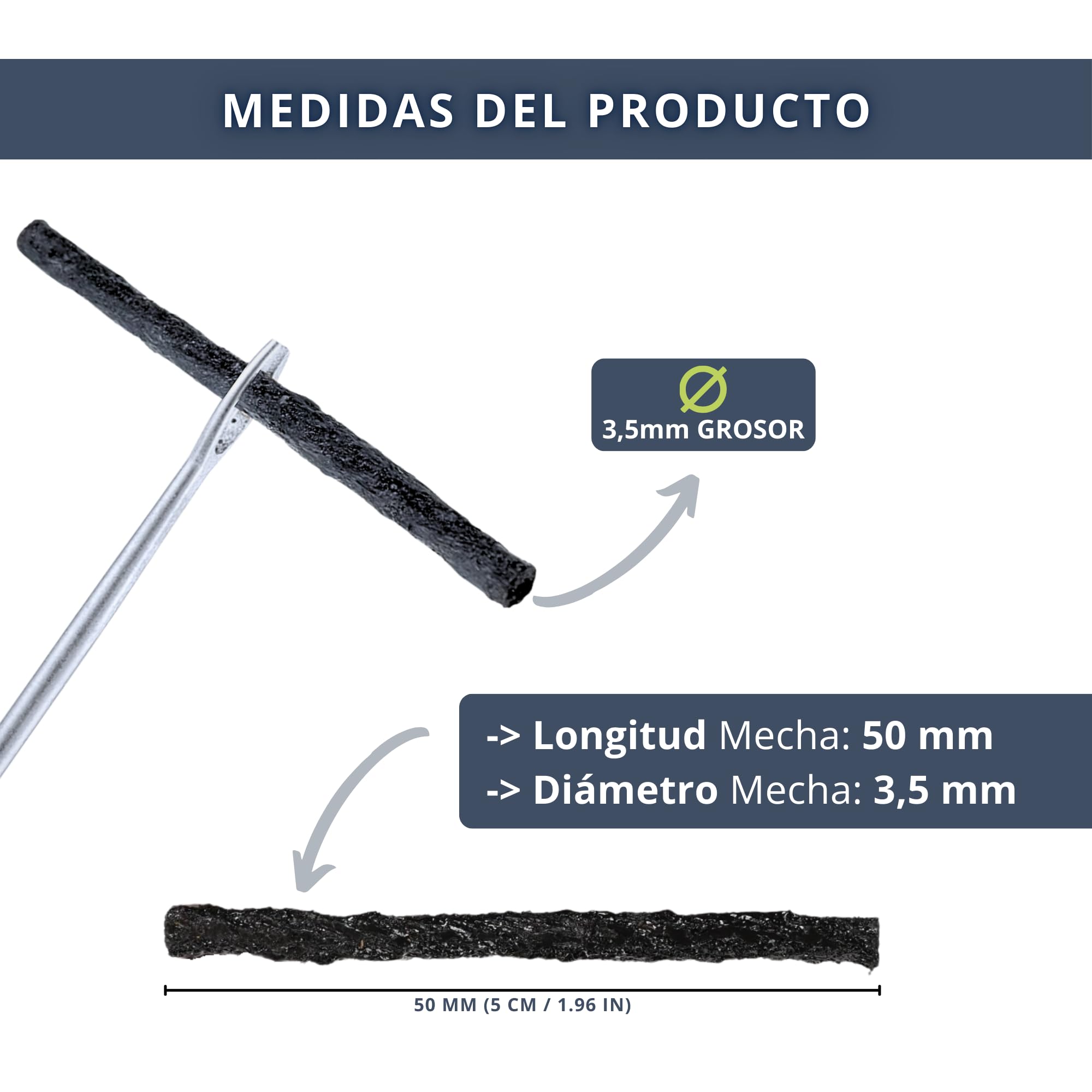 15 Mechas de Recambio 3,5 x 50 MM para Kit Herramienta Reparación Pinchazos MTB | Recambio Mechas MTB | Mechas Reparación Tubeless MTB y Road | Recambios Antipinchazos Bicicleta