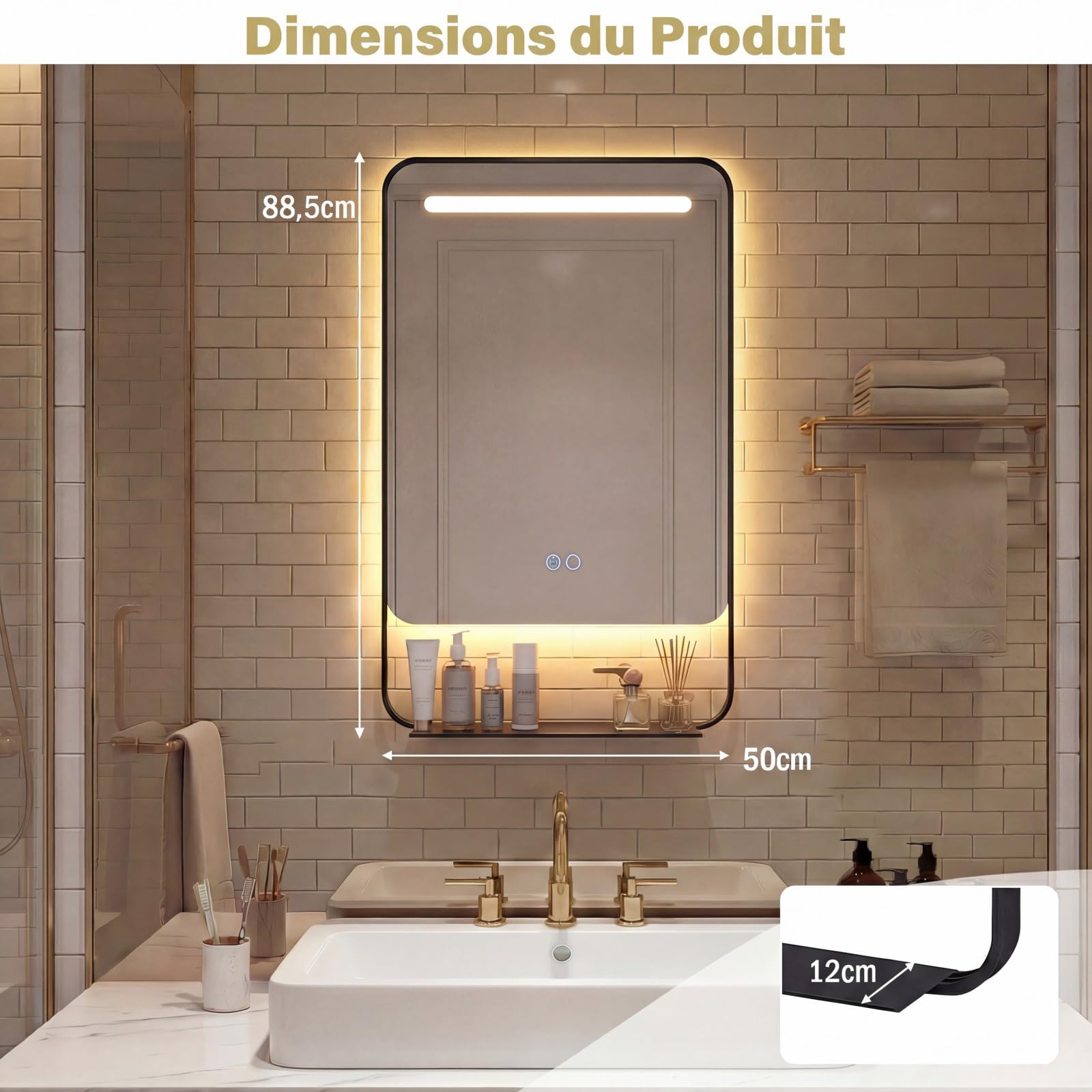 GOPLUS Miroir LED Salle de Bain avec Étagère, 88,5 x 50 cm Miroir Coiffeuse Mural avec Fonction Anti-buée, 3 Couleurs de Lumière, Luminosité Réglable, Cadre en Aluminium, pour Entrée, Chambre