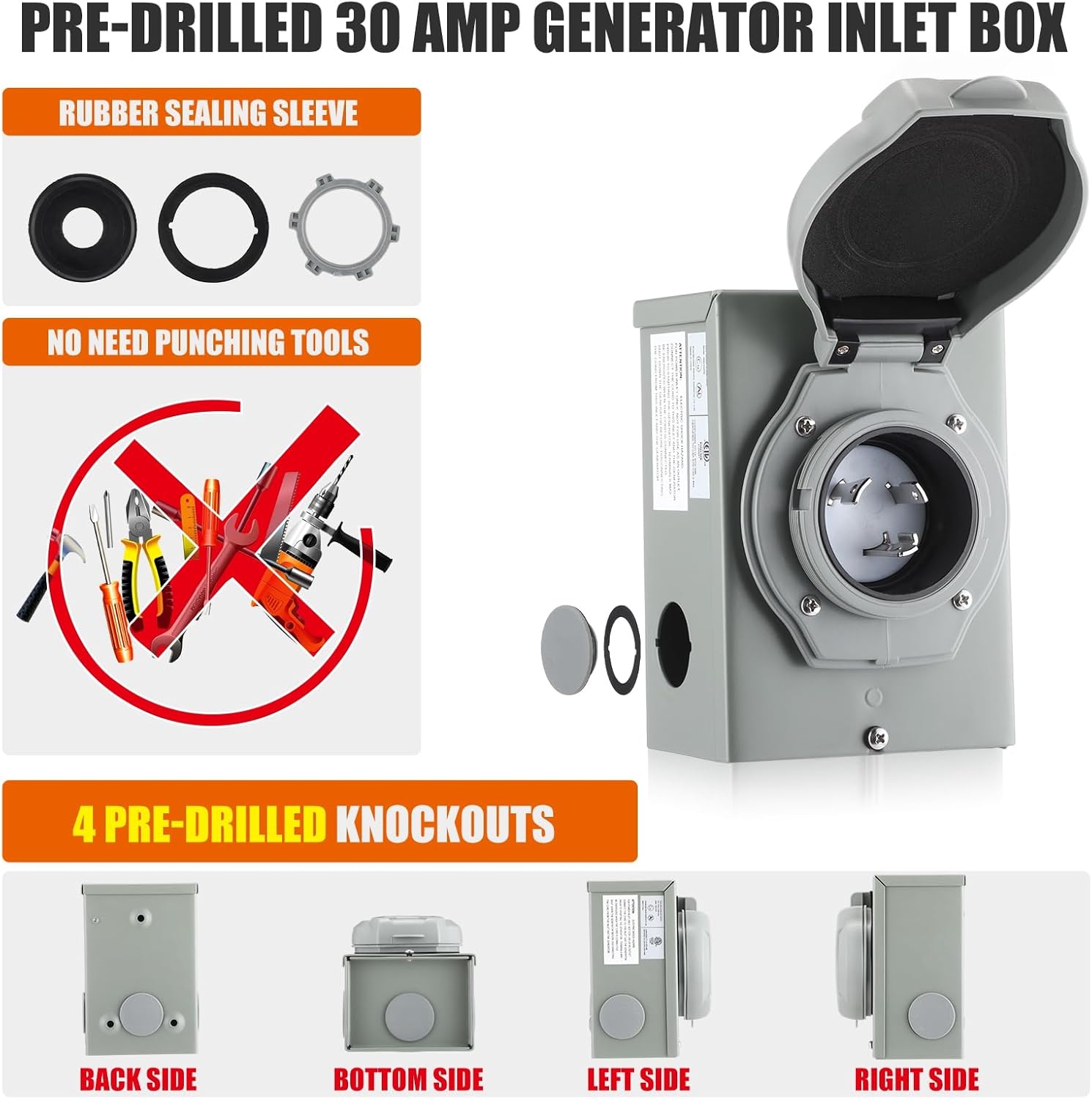 Kanayu Pre-drilled 30 Amp Generator Inlet Box, Nema L5-30p 3-Prong Locking Generator Plug, Outdoor Weatherproof Heavy Duty Power Box with LED Indicator, 125/250 Volts, 7500 Watts, Etl Listed