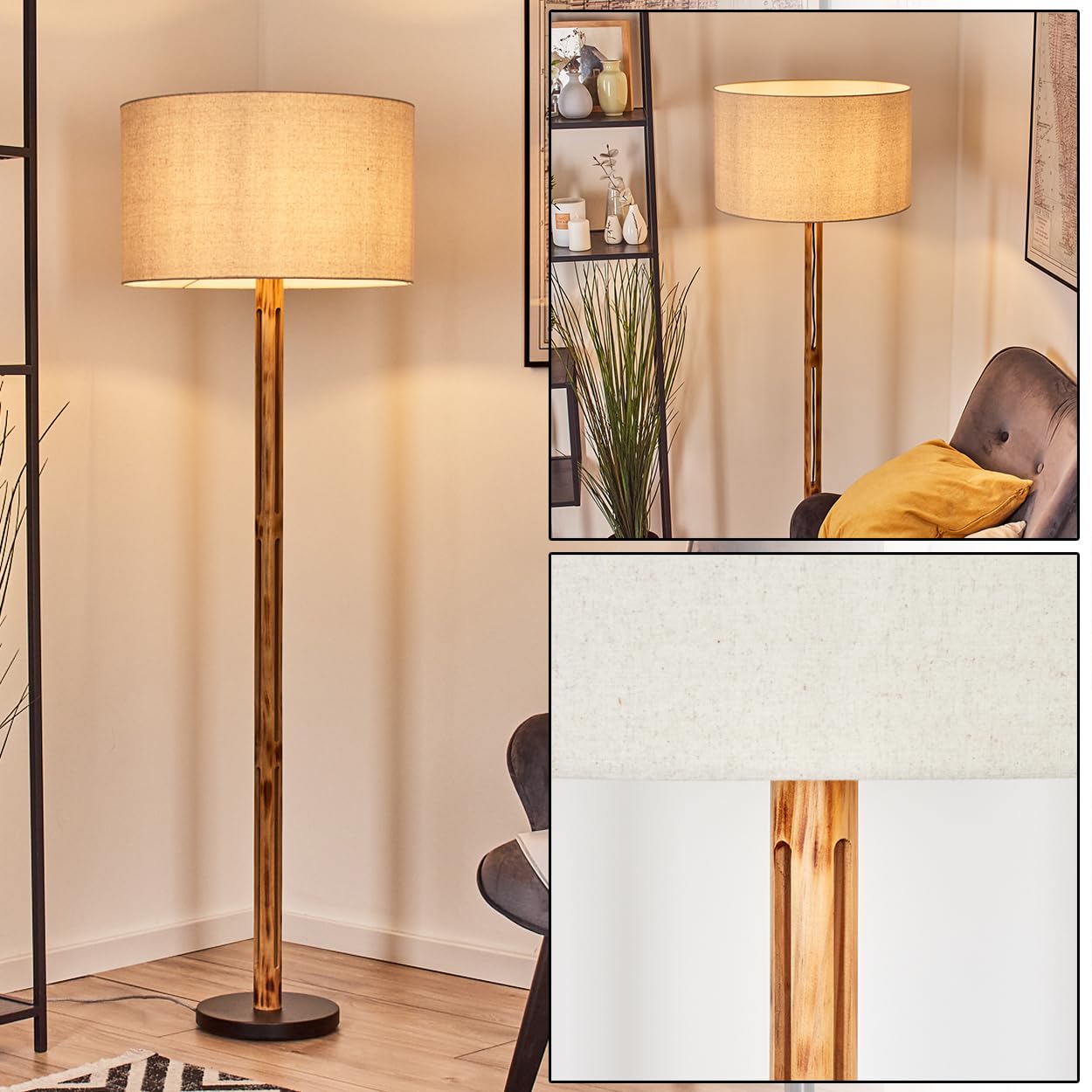 HOFSTEIN Stehleuchte Flemming, Stehlampe aus Holz im modernen Boho-Design, Schirm aus Stoff, Ø 50 cm, 158 cm, E27, mit Fußschalter - Wohnzimmer, Schlafzimmer, Esszimmer, Flur