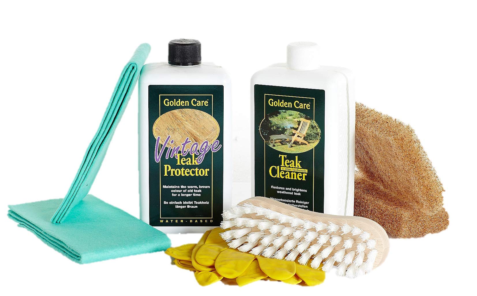 GOLDEN CARE Teak Vintage Protector + Cleaner Holzpflegeset 8tlg. Holz Reiniger Holzschutz Holzpflege für Gartenmöbel