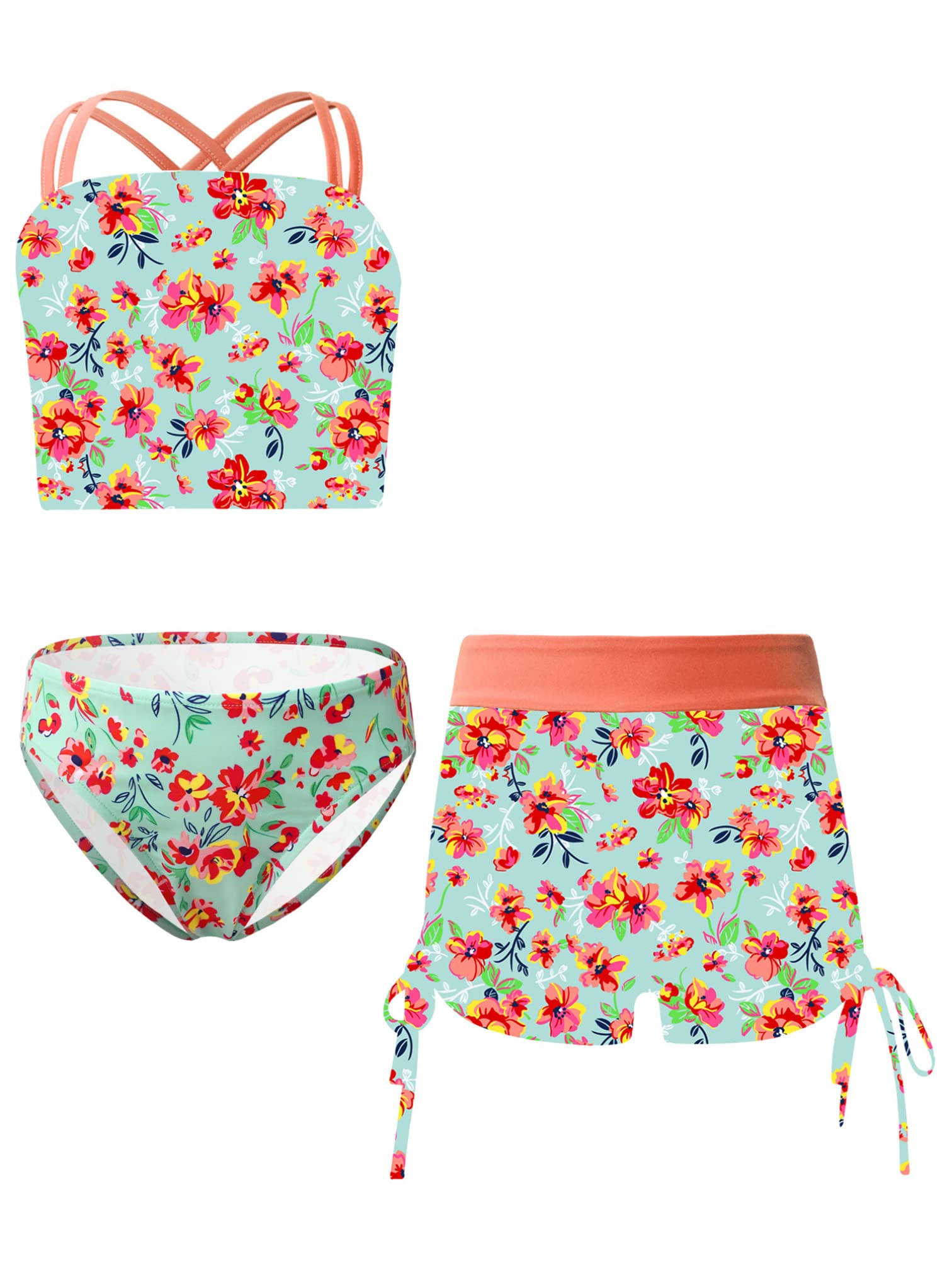 MSemis Bikini Niña de Playa Bañador Flores de Natacion Traje de Baño niña de Tres Piezas Crop Top+Braga+Pantalónes Cortos Ropa de Baño