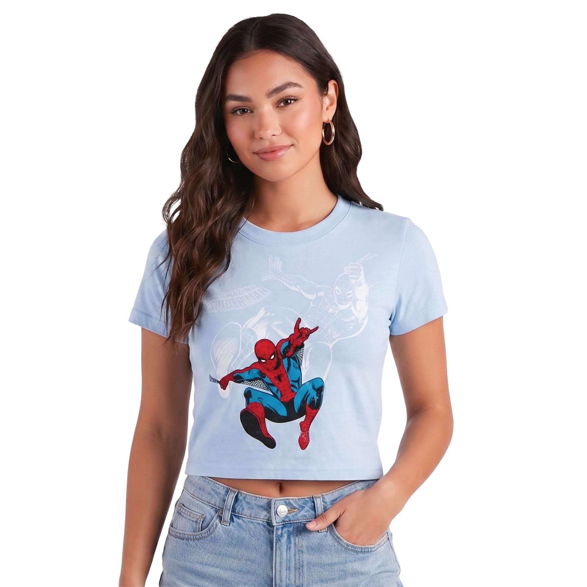 Marvel Spider-Man damskie koszulki z grafiką - przycięta koszulka niemowlęca, tank top i pełna długość okrągły dekolt koszulki z grafiką retro dla kobiet | Miękka mieszanka bawełny i poliestru, luźny krój na co dzień, oddychający komfort do noszenia na co