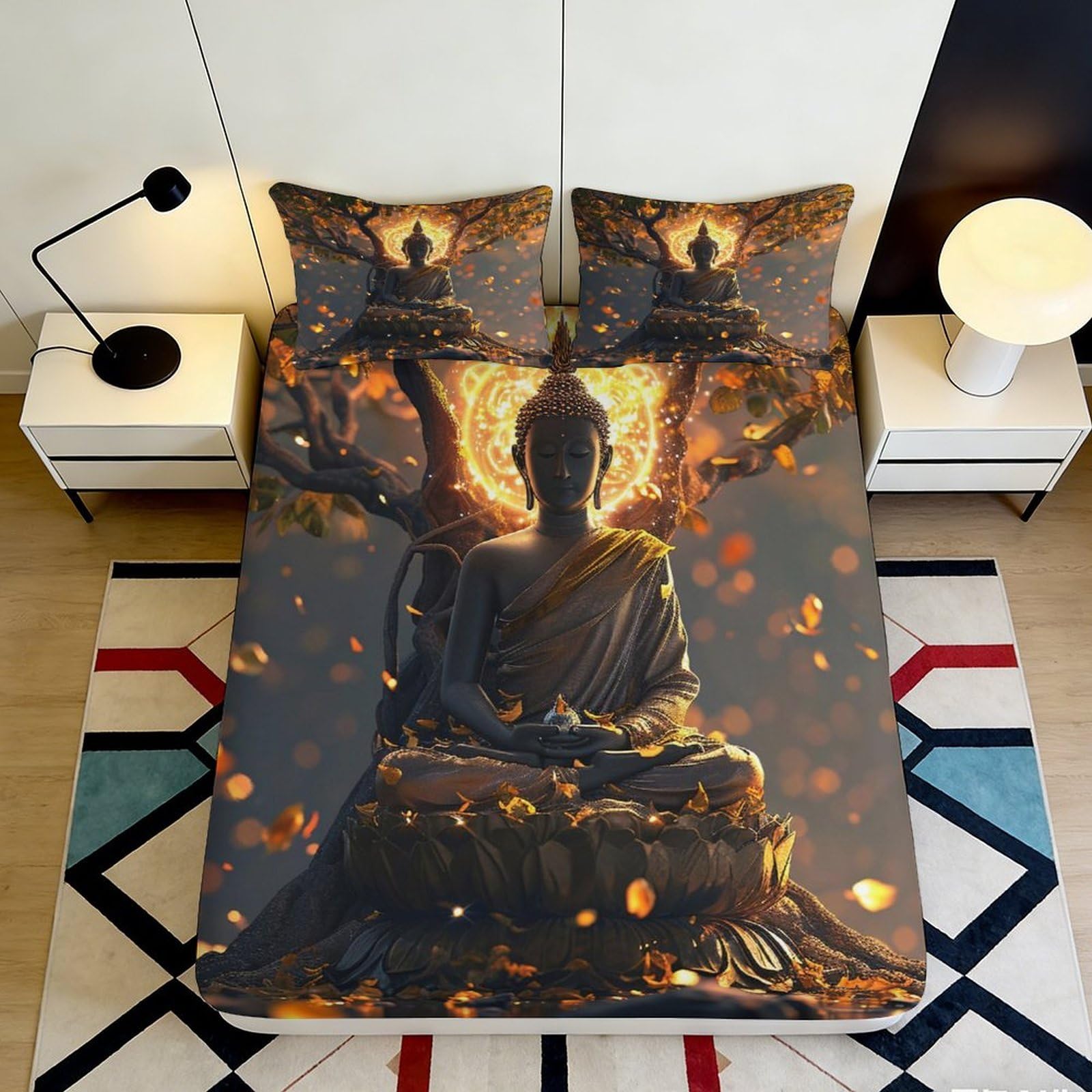 3D Printed Buddha Statue Fitted Sheet Microfiber Soft Orange Glow Zen Lotus Mattress Cover for Bedroom Decor 90x200x25cm