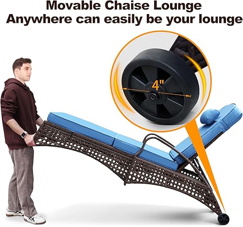 Miniatura 4 de NOBLEMOOD Chaise Lounge - Silla de mimbre para exteriores con ruedas, silla reclinable ajustable de 6 posiciones con cojín de tela gruesa azul y