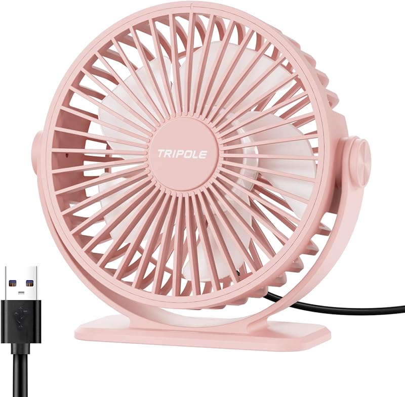 Ventilador de escritorio USB TriPole pequeño portátil, mini ventilador personal silencioso con rotación de 360° | Rosa, ventilador USB enchufable de 3 velocidades, ventiladores de escritorio pequeños y silenciosos, cable de 4,9 pies, brisa fuerte para escritorio, dormitorio, oficina, mesa de viaje
