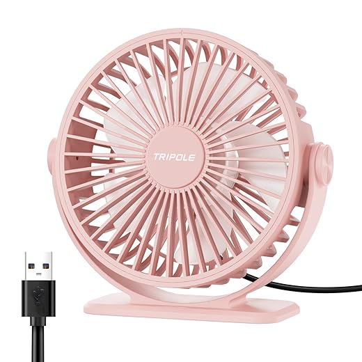 TriPole USB Desk Fan Mini Portable Personal Fan, 3 Speeds Adjustable Strong Breeze Small Electric Fan, 360° Rotation Quiet Plug In USB Fan for Desktop Bedroom Office Table Travel Cruise, Pink, 4.5in