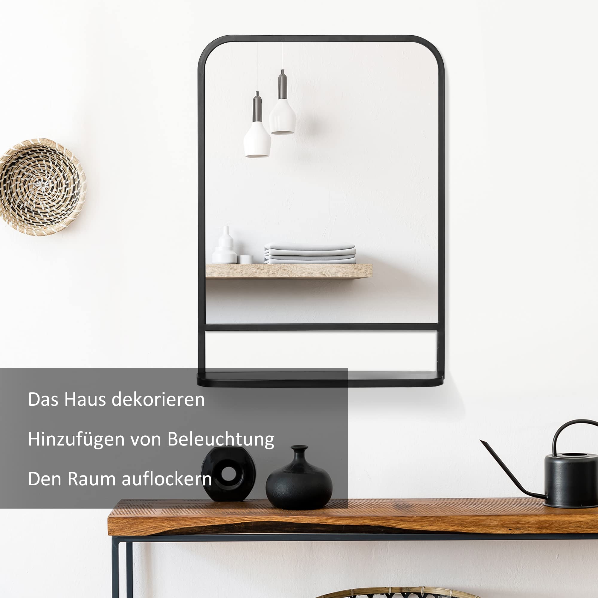 HOMCOM Wandspiegel 70 x 50cm Hängespiegel mit Ablage Elegant Schwarz | Moderner Wohnzimmerspiegel, Rechteckiger Dekospiegel, Flurspiegel, Eingangsbereich Schlafzimmer, Metall