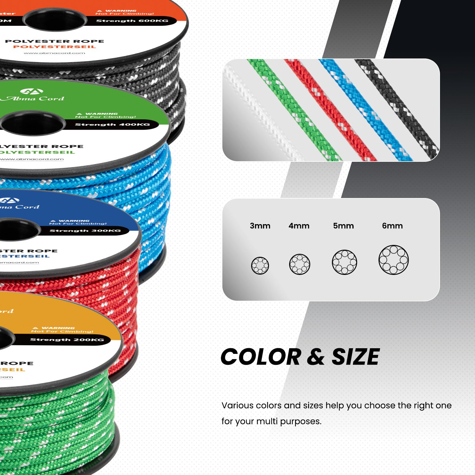 Abma Cord Polyesterseil 3mm x 20m Seil Geflochtene Schnur Reißfest für Outdoor, Boot, Festmacher, Zelt, Garten - Schwarz/Weiß
