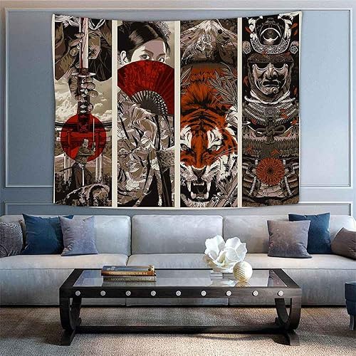 Miniatura 3 de Aidatain Tapiz de pared de estilo japonés - Samurai Maiko Tiger Mount Fuji Aesthetic - 60x40 franela dormitorio y sala de estar colgante de pared
