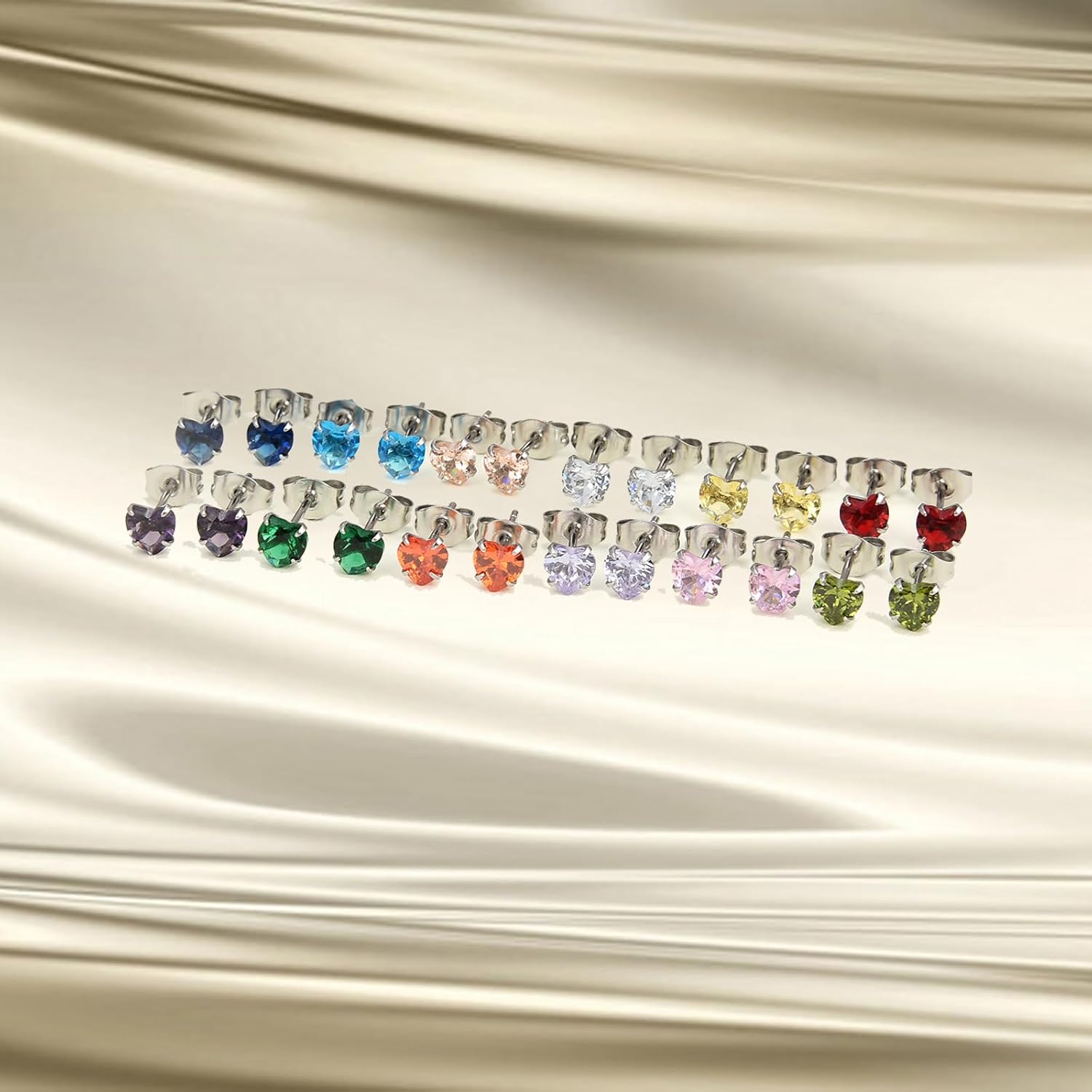 12 Pairs Surgical Stainless Steel Birthstone Cubic Zirconia Stud Earrings Round Star Heart Square Princess Cut CZ Stud Earrings Set - Image 3