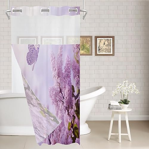 Miniatura 9 de Batmerry Cortina de ducha decorativa botánica con hojas blancas, flores románticas, borde victoriano, libélula y flores silvestres, bonita y ancha