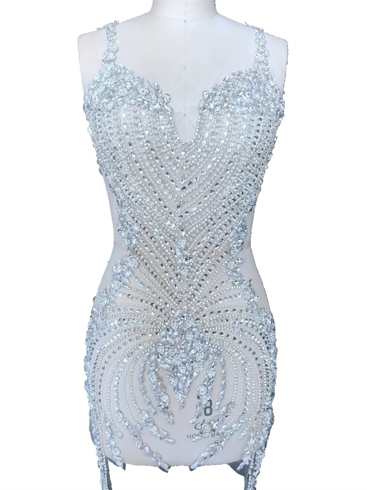 YUNSI Sew On Bodice Rhinestones Applique On Mesh Crystals Full Body Patches 86 * 40cm/75 * 35cm Wedding Dress Accessory (Color : Transparent)