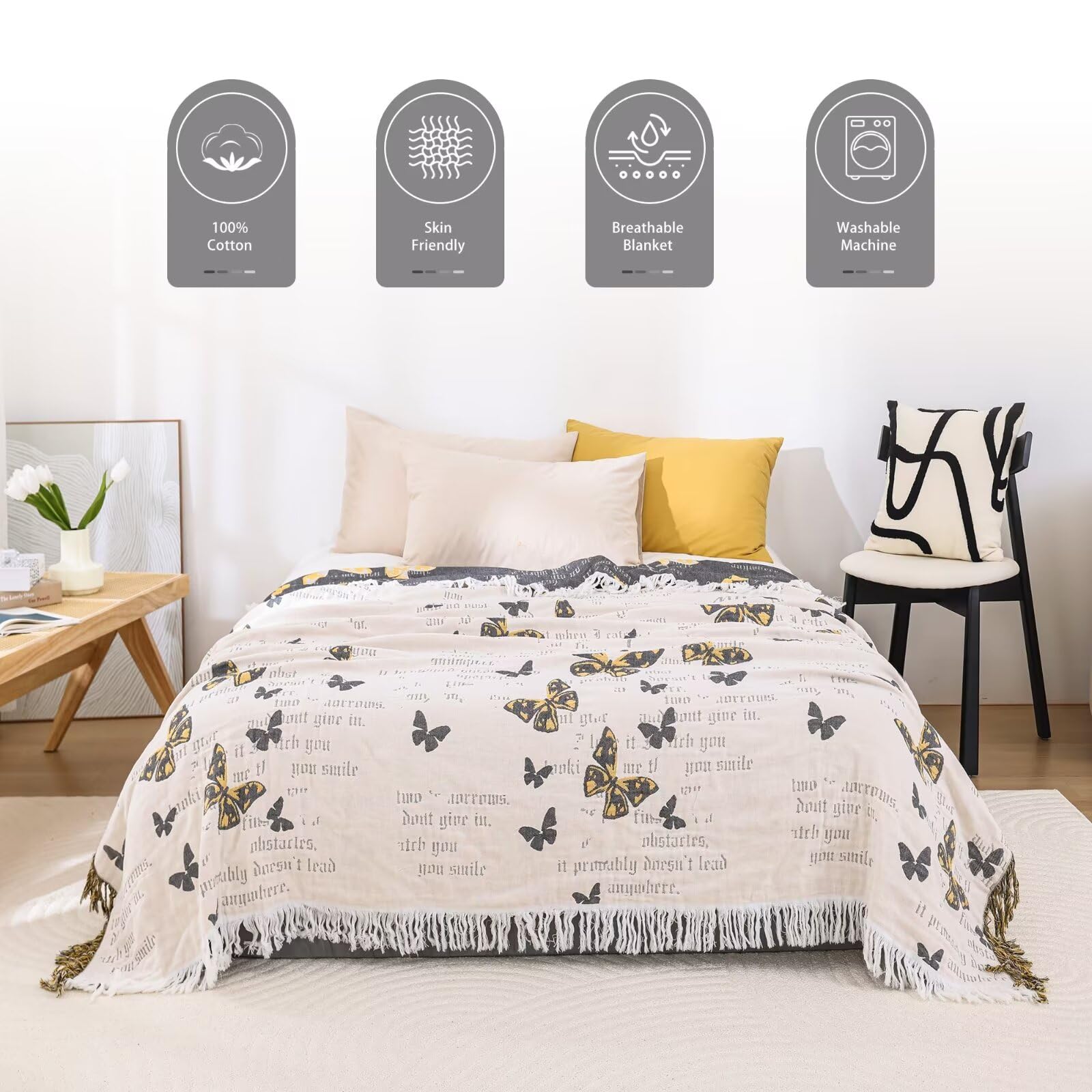 100% Cotton 4-Layer Gauze Throw Blanket – 80x90 Inch Soft Boho Bed & Couch Quilt - View #11