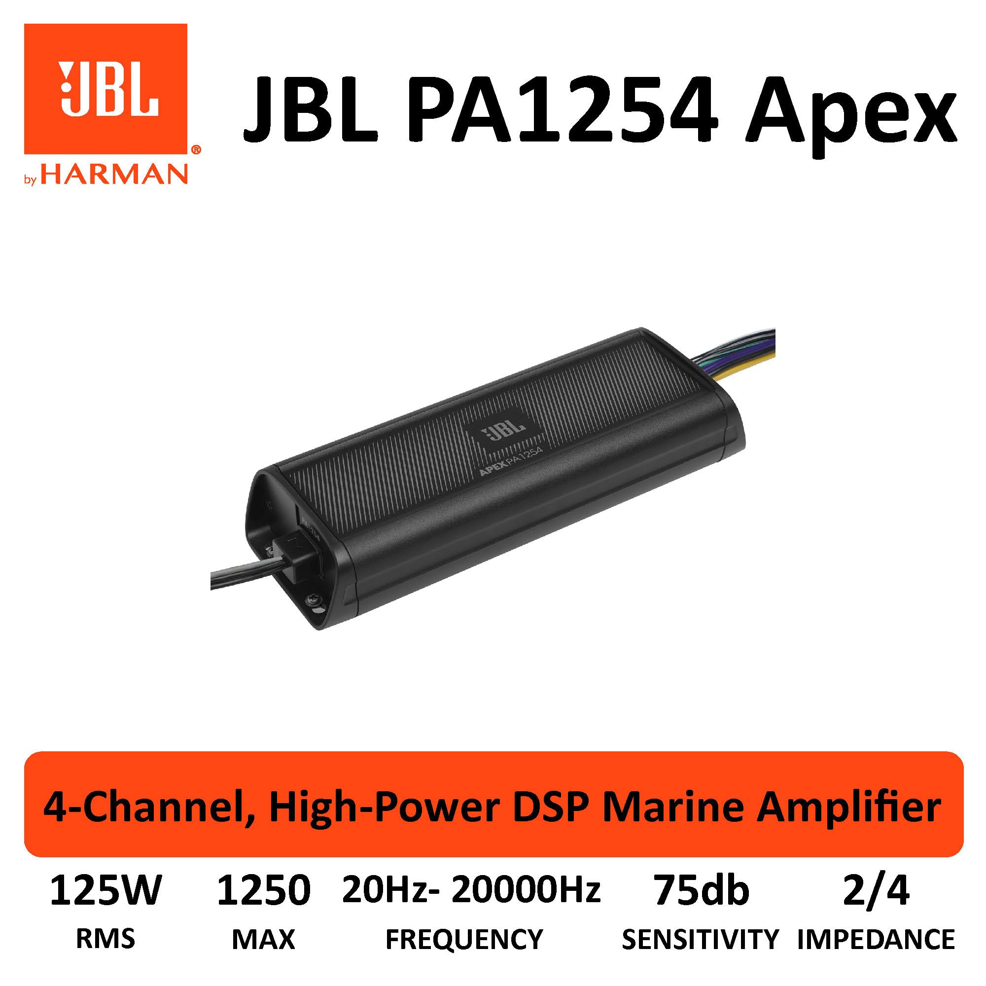JBL Apex PA1254 Amplificador Compacto 4 Canales Clase D con 1250W Pico, 125W×4 a 2Ω, 75W×4 a 4Ω y 250W×2 en Puente, filtros 60/80/120Hz seleccionables y Rango Completo 20Hz–20kHz para Sistemas
