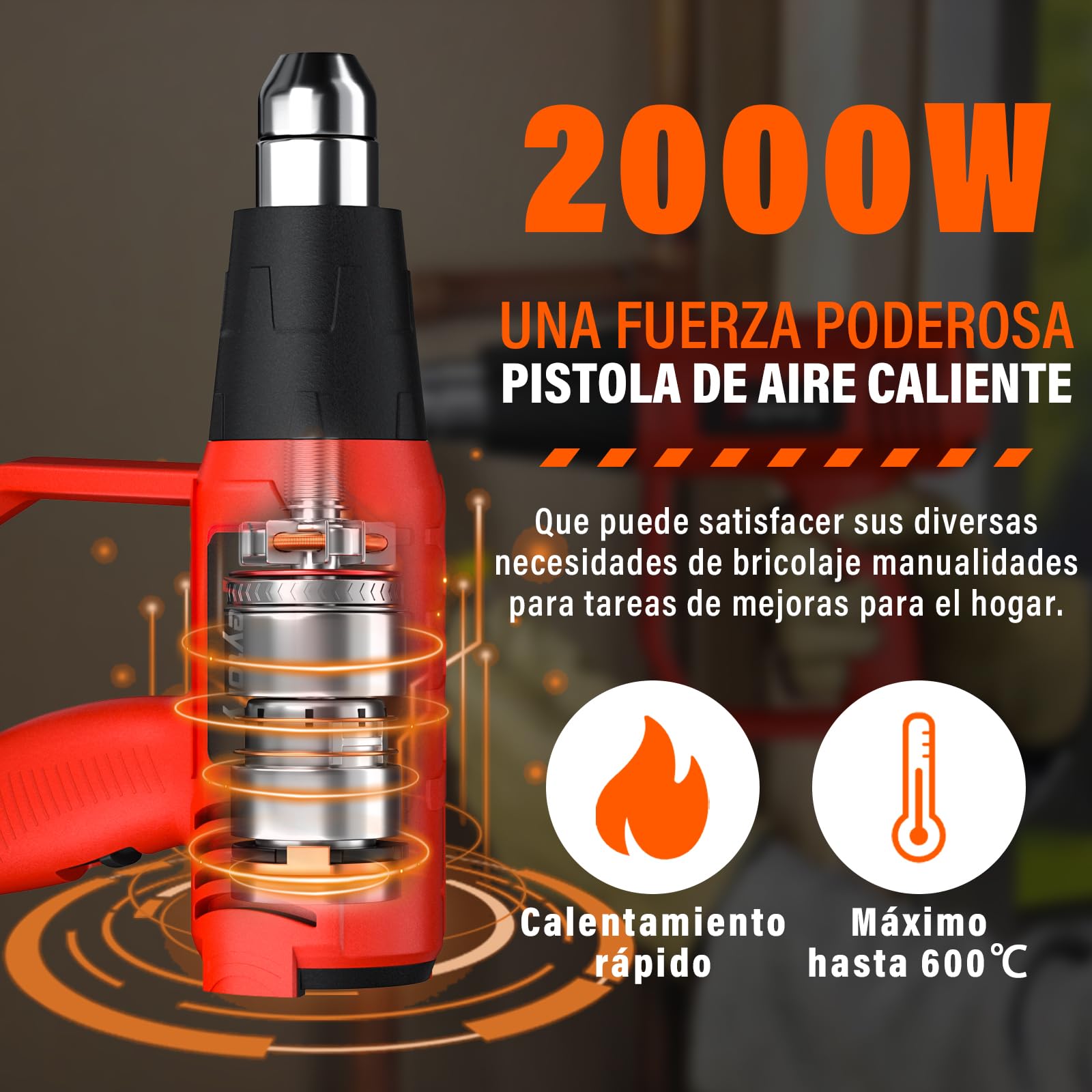 Pistola de Aire Caliente,2000W Decapadora Professional Temperatura Ajustable 60℃- 600℃, Calentamiento Rápido, Protección Contra Sobrecalentamiento para Soldar,Quitar Pintura y Calentar