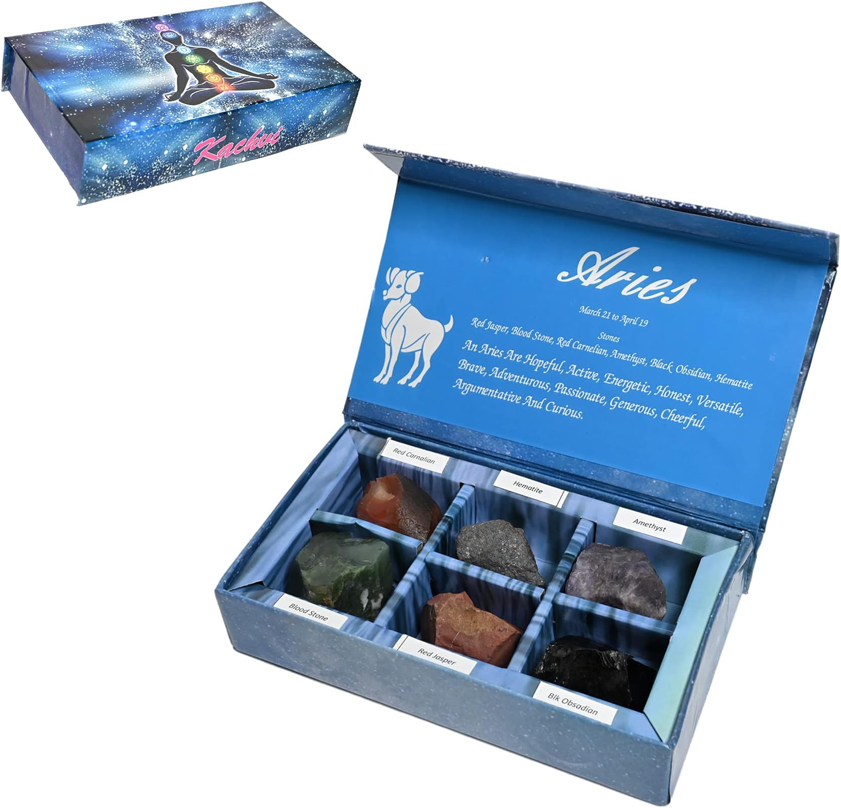 KACHVI Crystals And Gemstones Healing Aries Gifts-Zodiac Signs Stones to Complement The Birthstones-Natural Healing Crystals with Horoscope Box Set