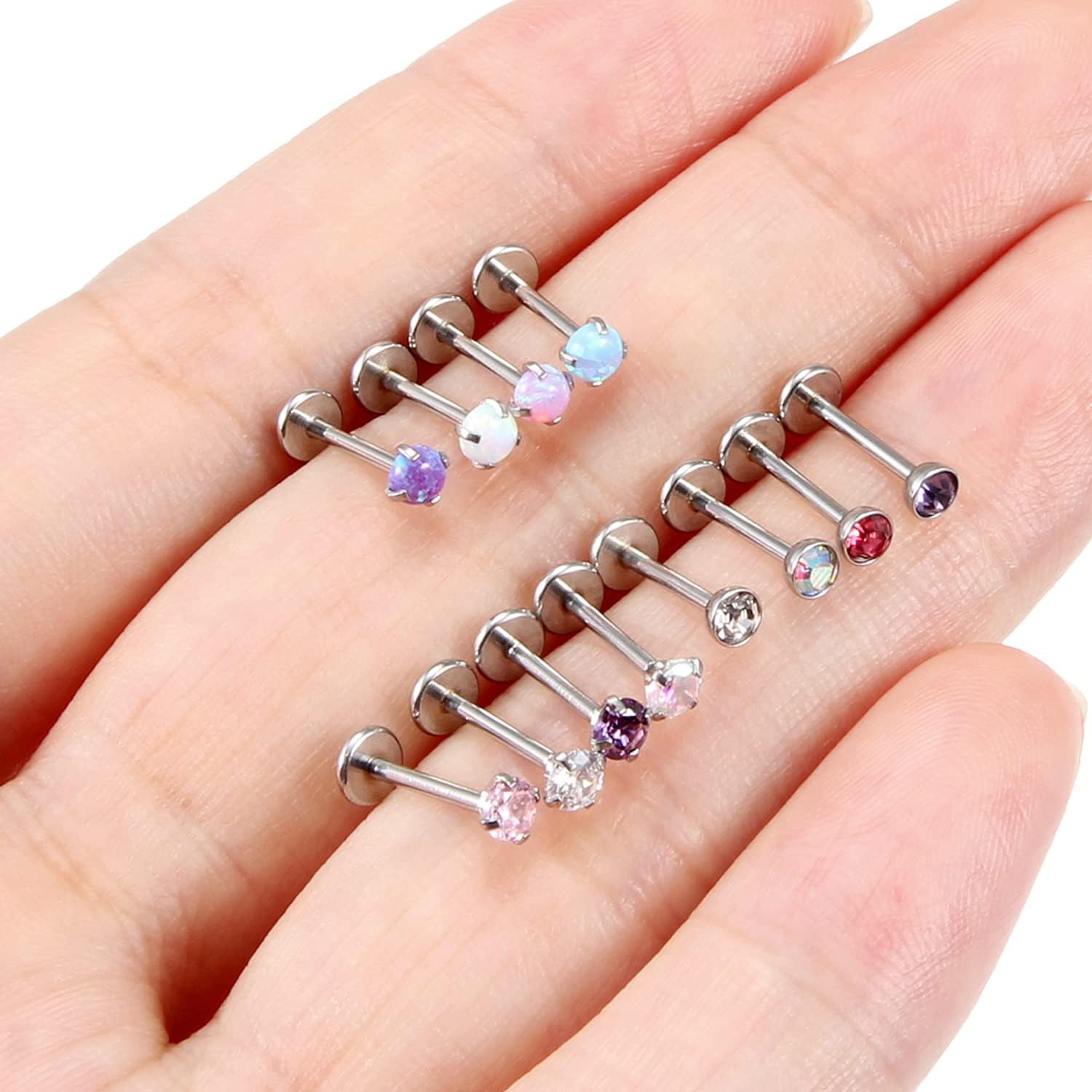 Kridzisw 18G 20G Threadless Push in Nose Rings Studs 6mm 7mm Bar Surgical Steel Flat Back Opal Cartilage Tragus Helix Earrings Stud Lip Larbret Ring Piercing Jewelry for Women Men Opal 2MM 2.5MM 3MM - Image 4