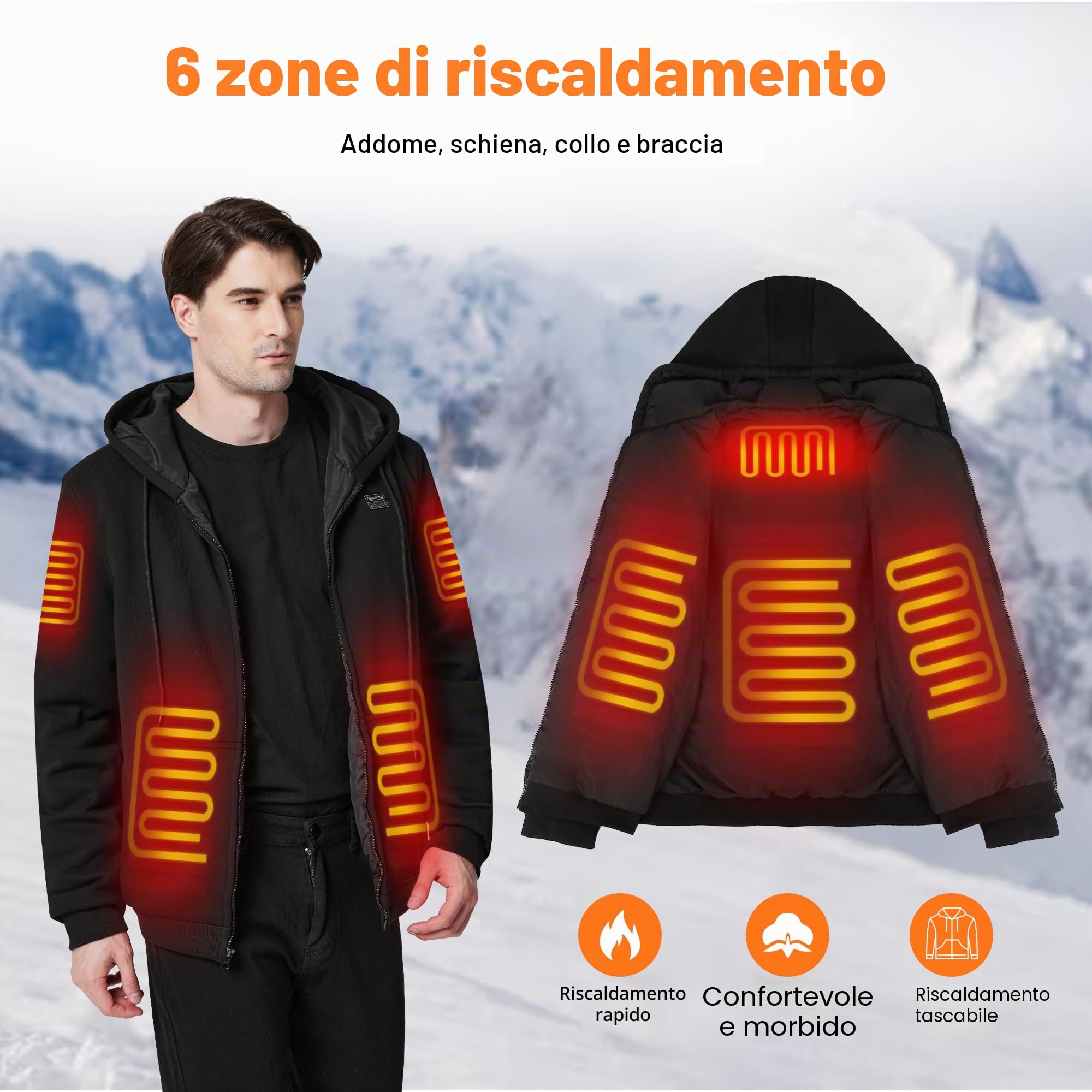 Felpa Riscaldata per Uomo, Giacca Riscaldata con Batteria da 12000mah, Giacca Riscaldato, 3 Temperatura di Riscaldamento & 6 Area di Riscaldamento