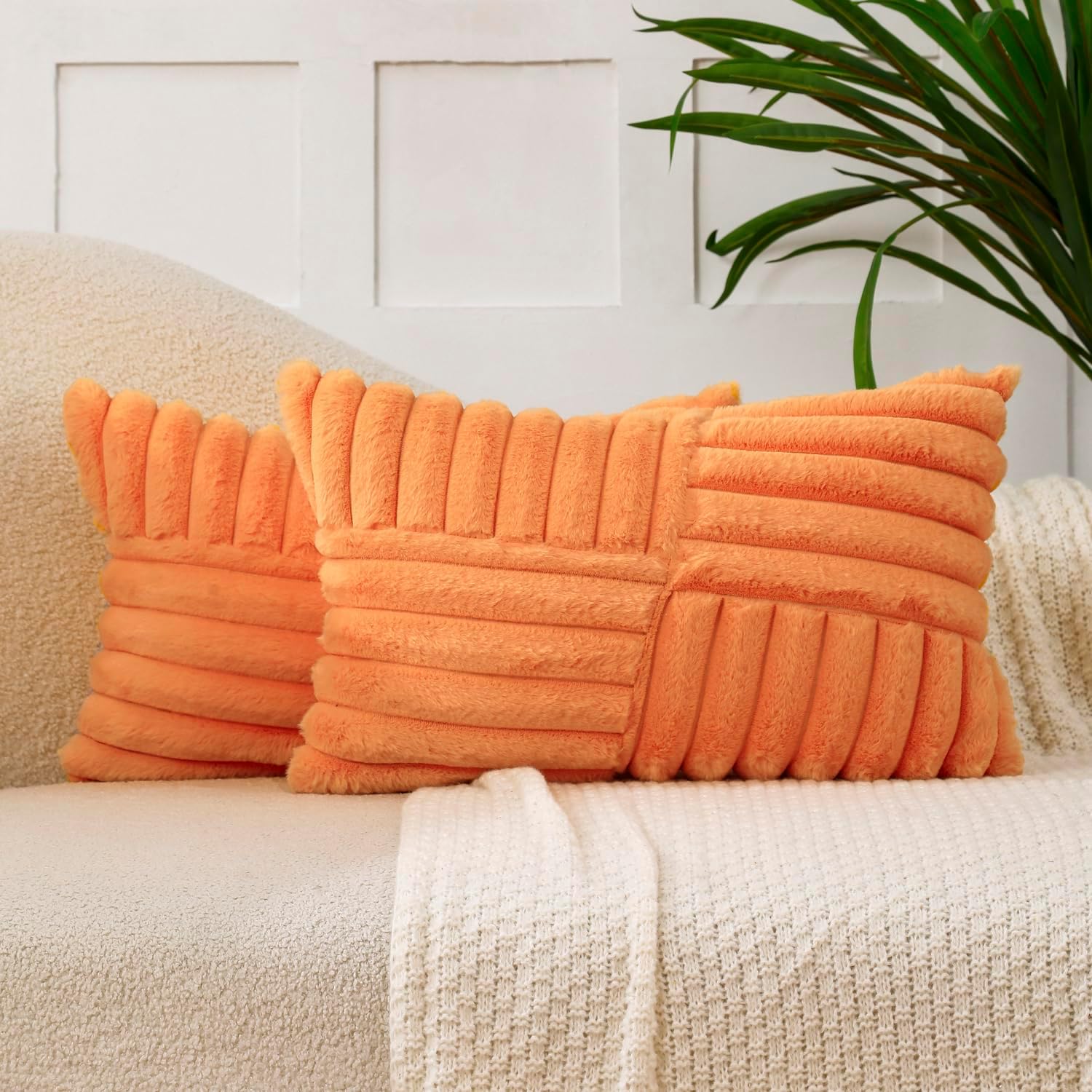 All Smiles Couch Decorative Throw Pillow Covers 12X20 Set of 2 Faux Fur Plush Soft Fluffy Lumbar Cushion Case Cozy Fuzzy Striped Pillowcase Home Decor for Bed Sofa Living Room,Orange