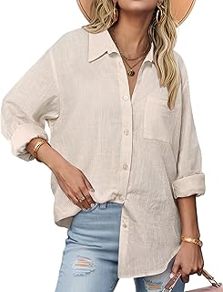 Blusas de lino con botones para mujer, de gasa, algodón, manga larga, blusas informales con cuello, corte holgado