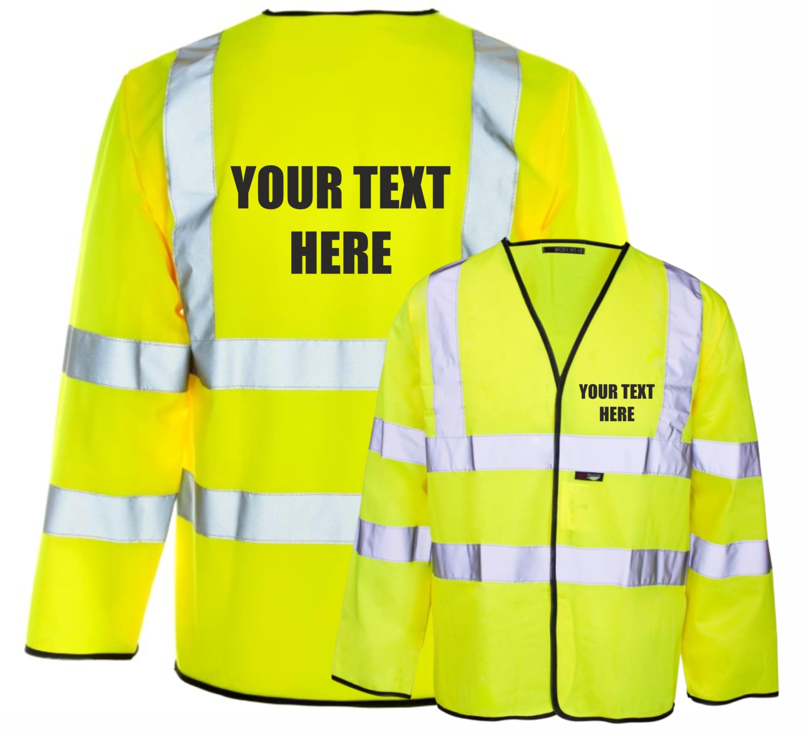 Yellow Personalised Custom Printed Long Sleeve Vest Hi Vis Viz Reflective Safety Vest Waistcoat, Conforms to EN20471 Class 3, High Visibility, By Brook Hi Vis, XXLarge