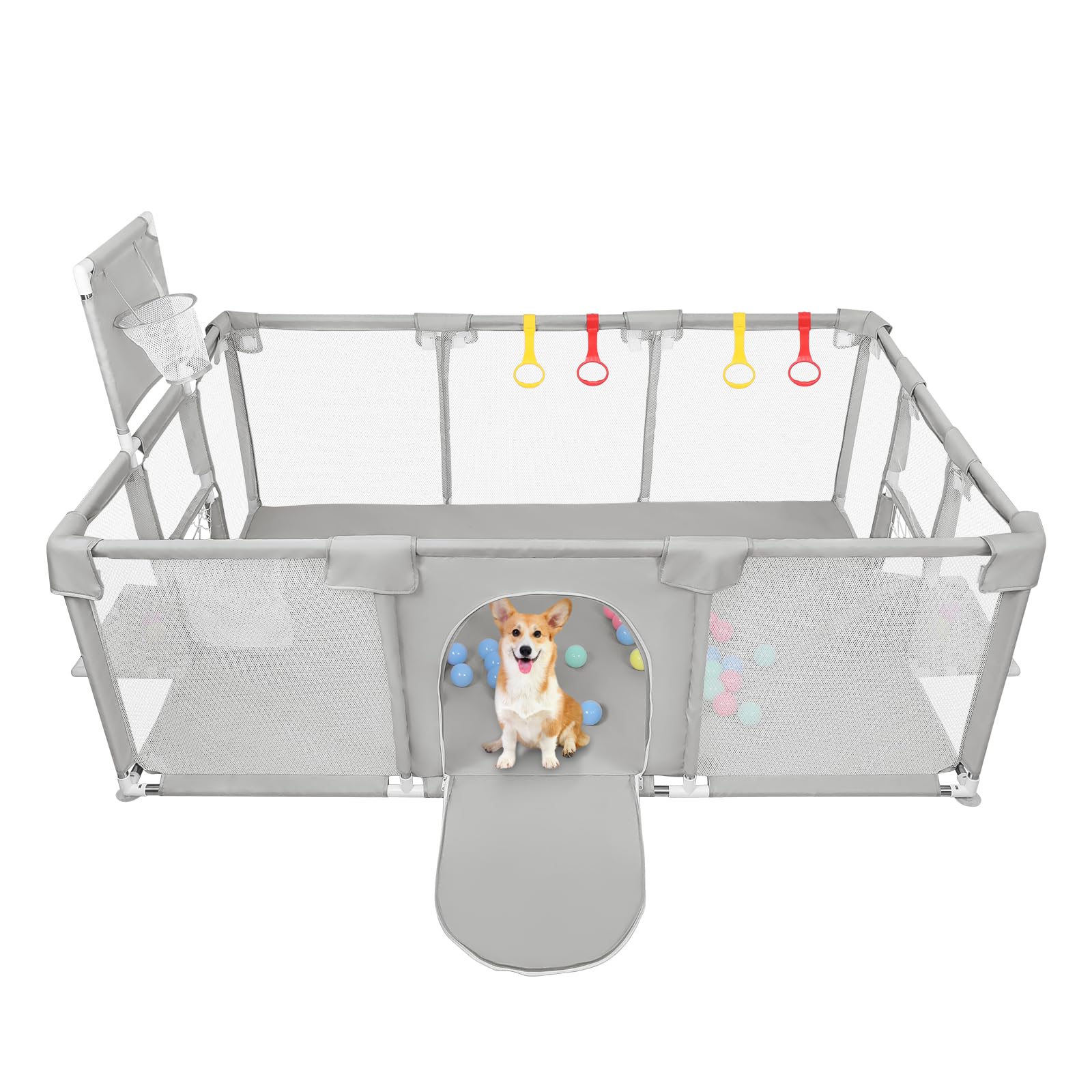 OHMG Parc Bébé,180x120cm,d'Activité pour Enfants avec Base,Modulable,Pliable,Grand parc pour enfant en bas âge Avec Porte Zippée,50 Balles,Basketball Rack,4 Ventouses (180 * 120 * 66cm-Gris clair)