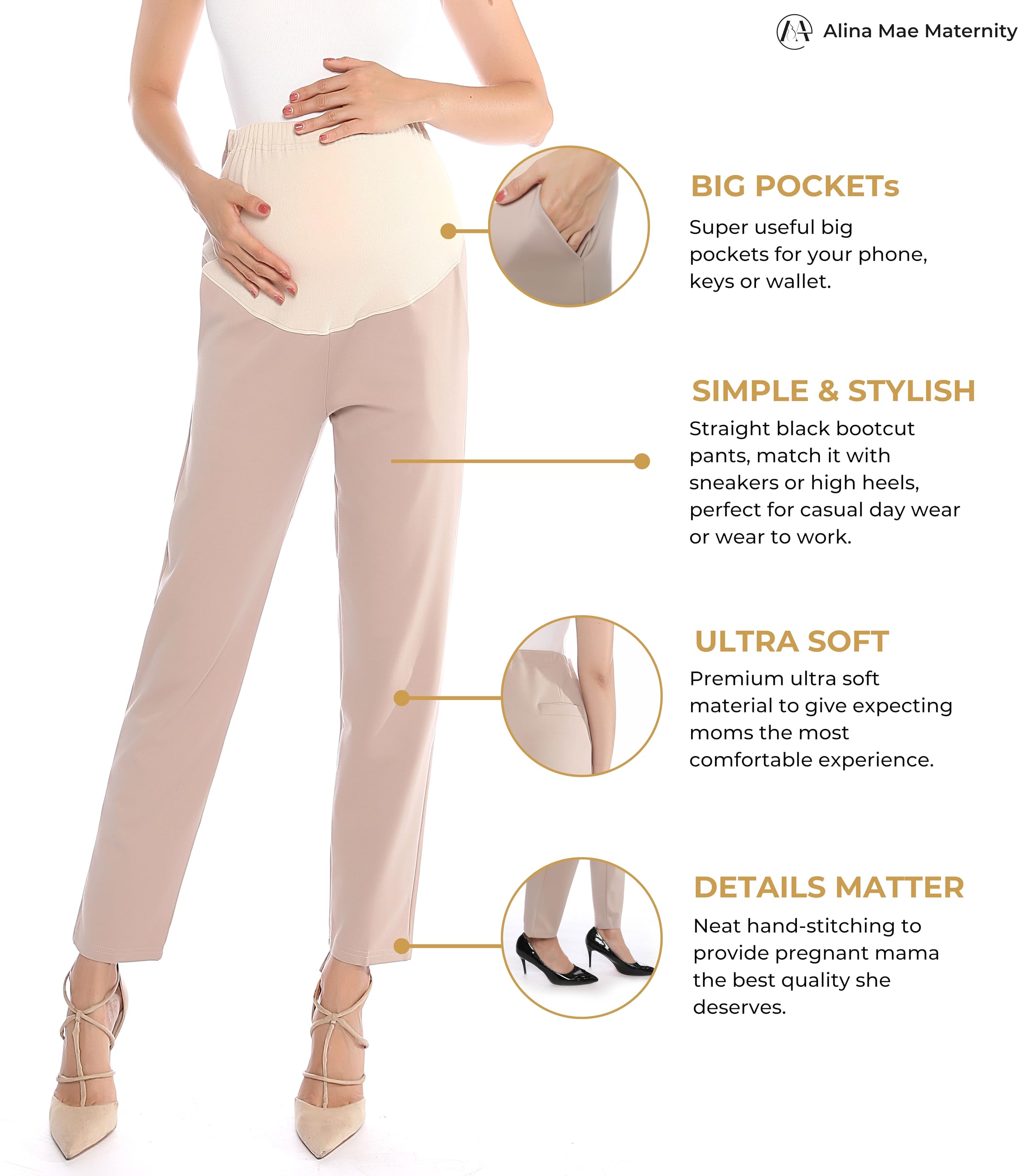 Spodnie ciążowe wygodne rozciągliwe over-Bump kobiety ciążowe na co dzień capri do pracy, Khaki, 16-18