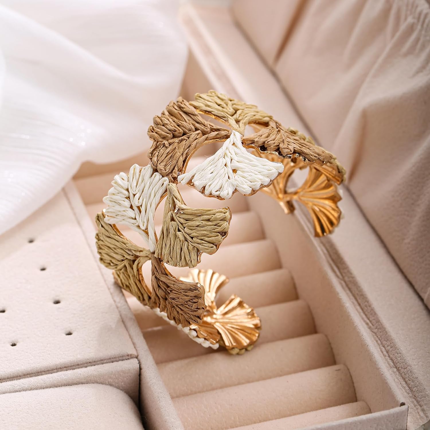 Women's Raffia Cuff Bracelet with Ginkgo Leaf, Handmade Summer Beach Jewelry, Vibrant Gradient Colors, Adjustable Open Cuff Design - Image 4