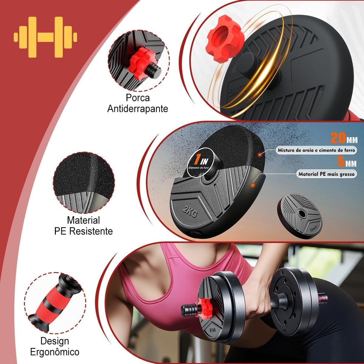Kit Haltere 6 em 1 Ajustável 15kg para Musculação – Multifuncional com Barra, Kettlebell e Halteres