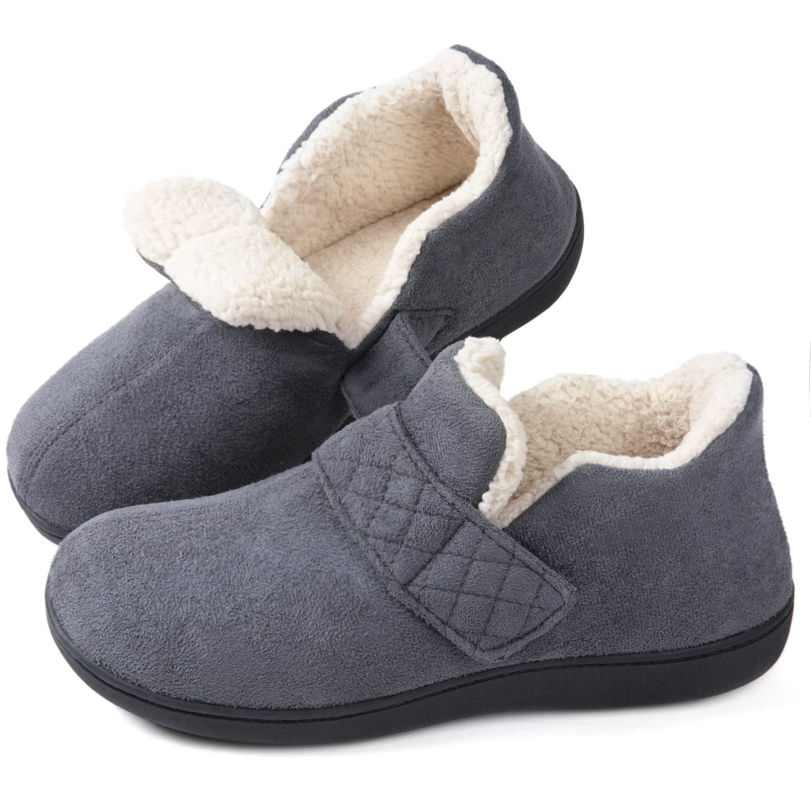ZizorWomens Slipper Adjustable, Velcro House Shoes for Diabetic, Memory Foam, Indoor Outdoor, Ladies Ankle Pantuflas with Rubber Sole, Warm Gifts, Dark Grey, 8 US / 6 UK