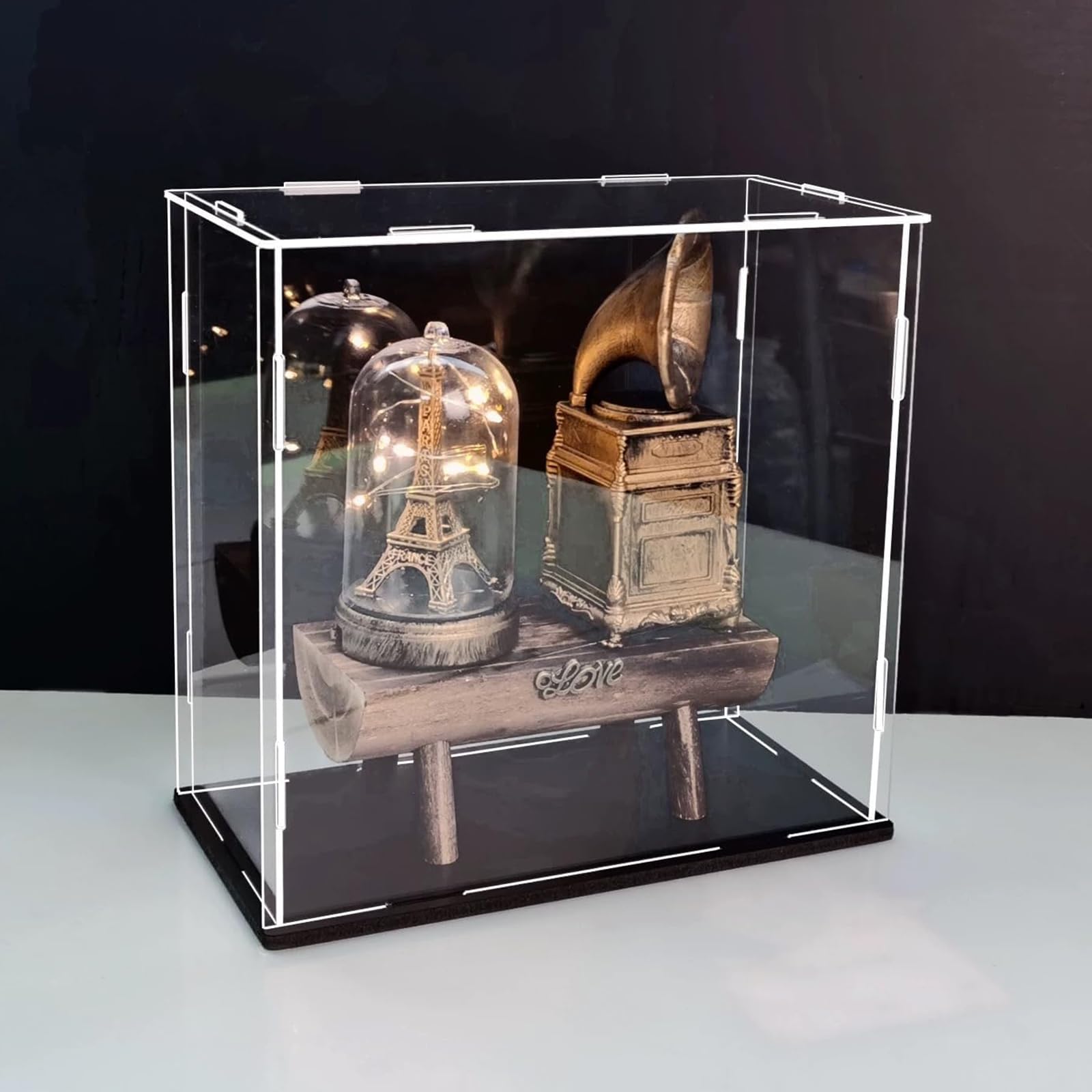 Vitrine pour collections avec socle noir, 60x60x60 cm / 24x24x24 po, Vitrine acrylique transparente, Présentoir transparent pour salon, chambre à coucher, bureau