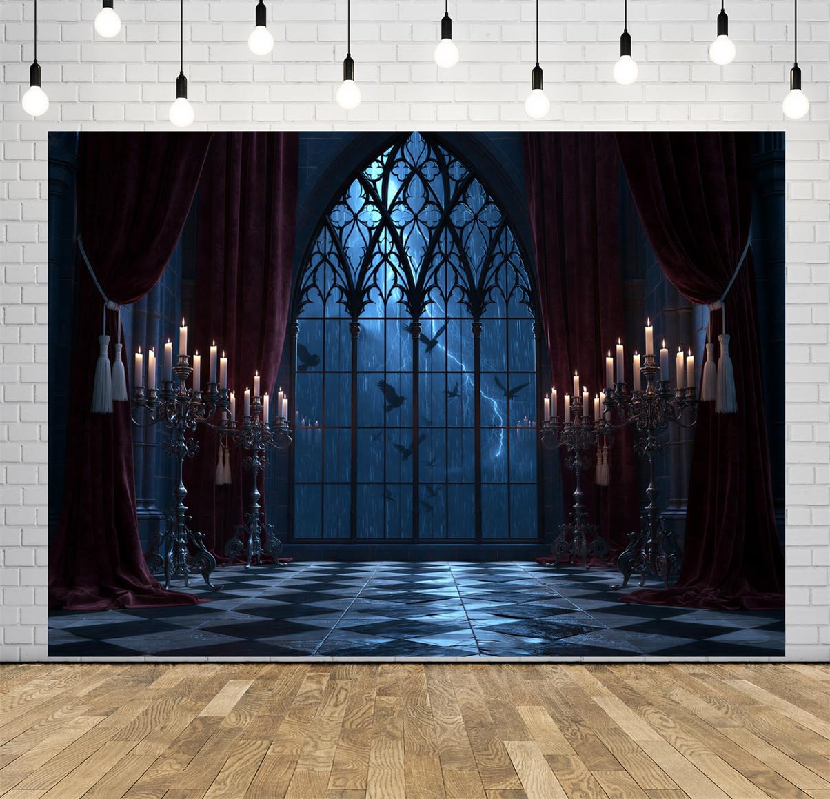 BELECO 3.6x2.5m Sfondo in tessuto Sala Gotica Scura Halloween Spaventoso | Finestra Ad Arco Gotica Spaventosa Tempesta Corvi Candeliere Vista Castello Sfondo Orrore Telo Di Sfondo