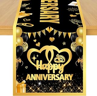 Wedding Anniversary Table Runner, Black Golden Happy Anniversary Linen Fabric Table Runner for Everyday Use 72 x 13 Inches, Washable Table Cover for Indoor Outdoor Kitchen Dining Table Decor